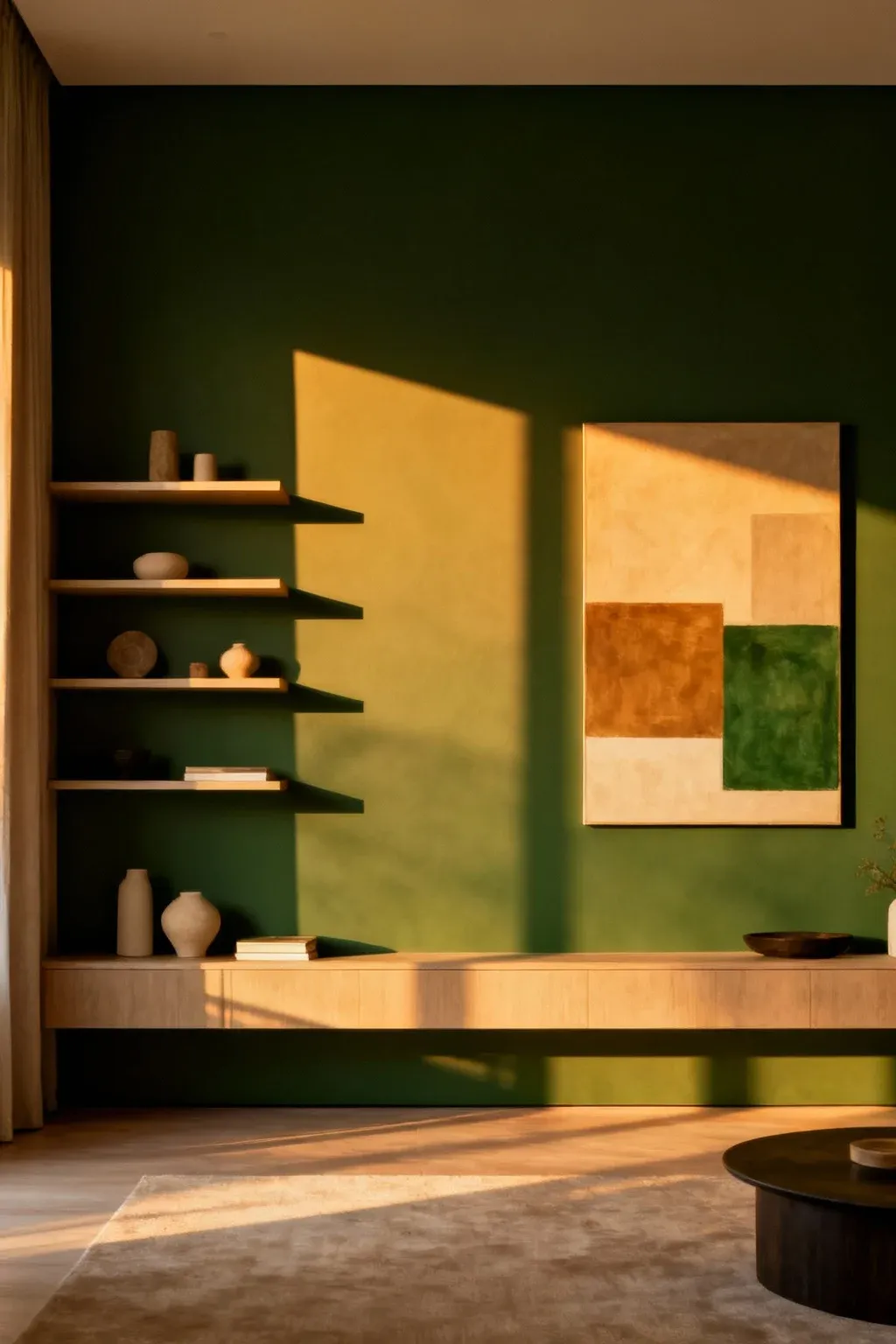An earthy green accent wall with decorative shelves and artwork.