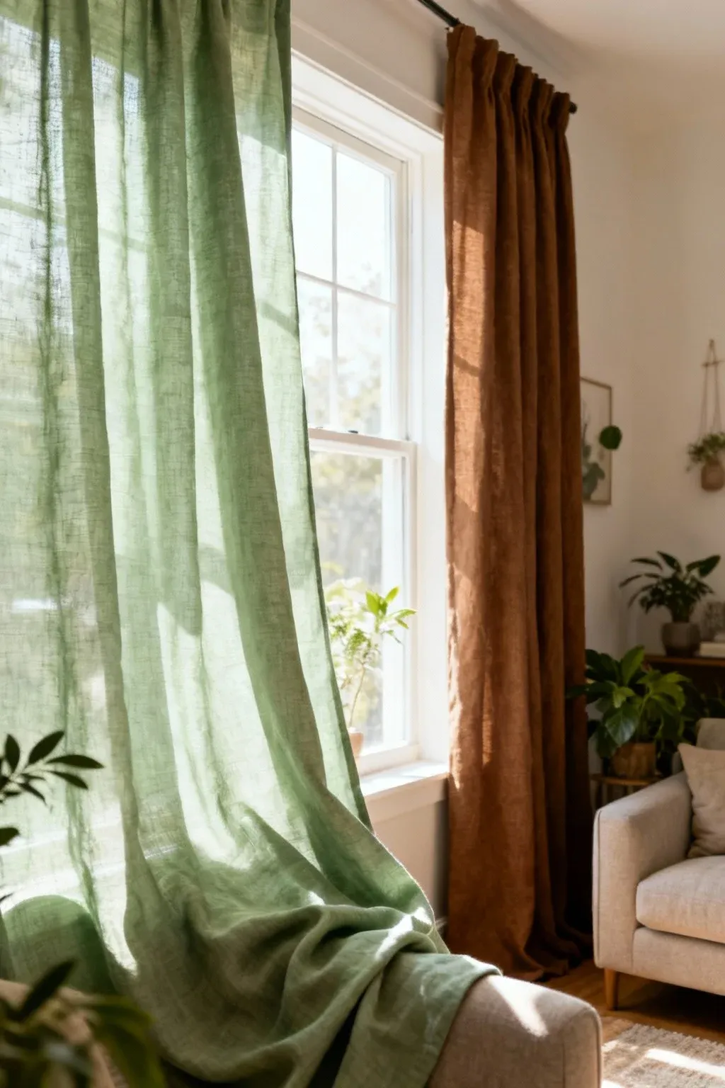 Sage green and brown fabric curtains in a cozy living room.