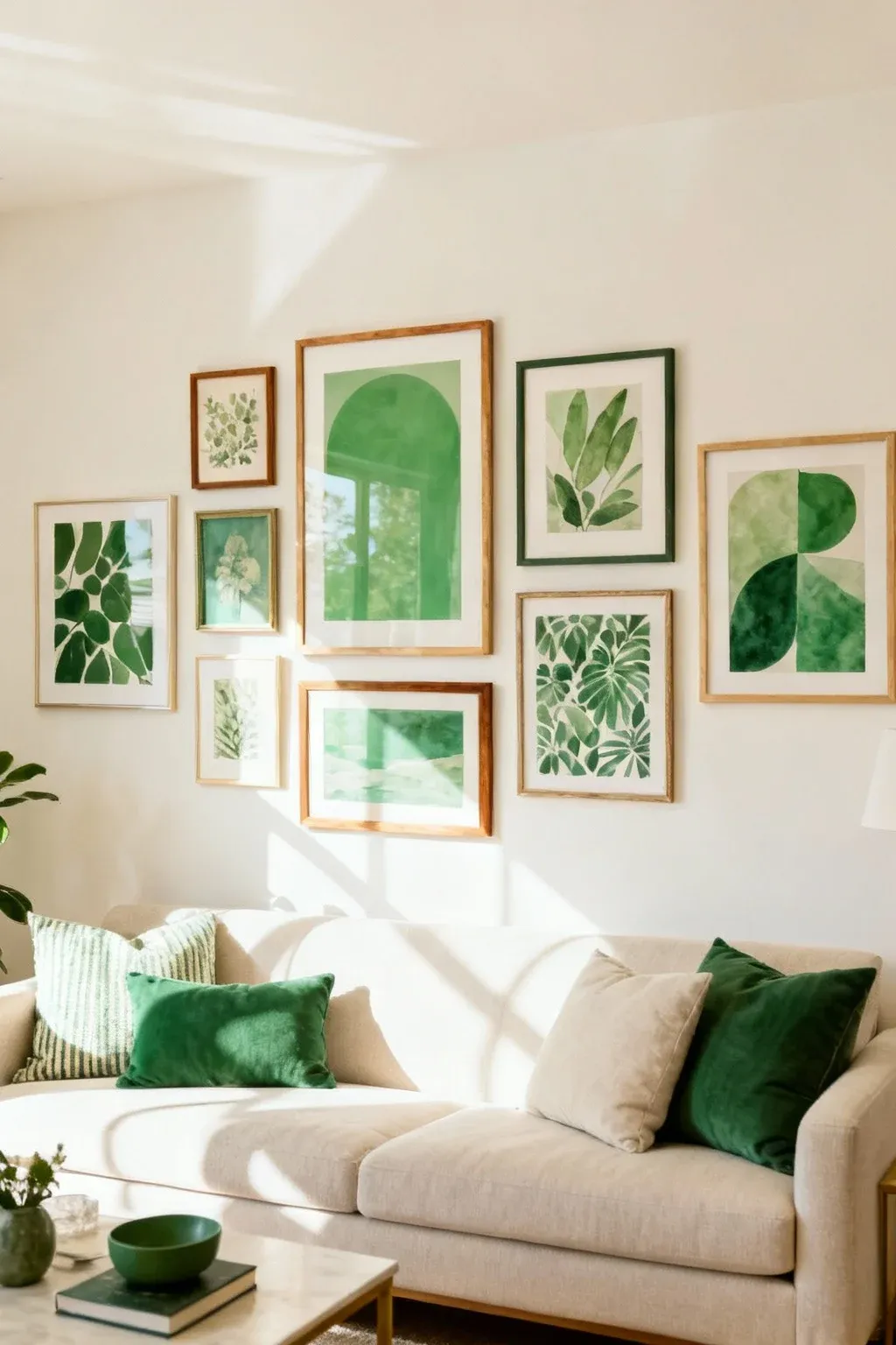 Art pieces in neutral tones and green on a gallery wall.