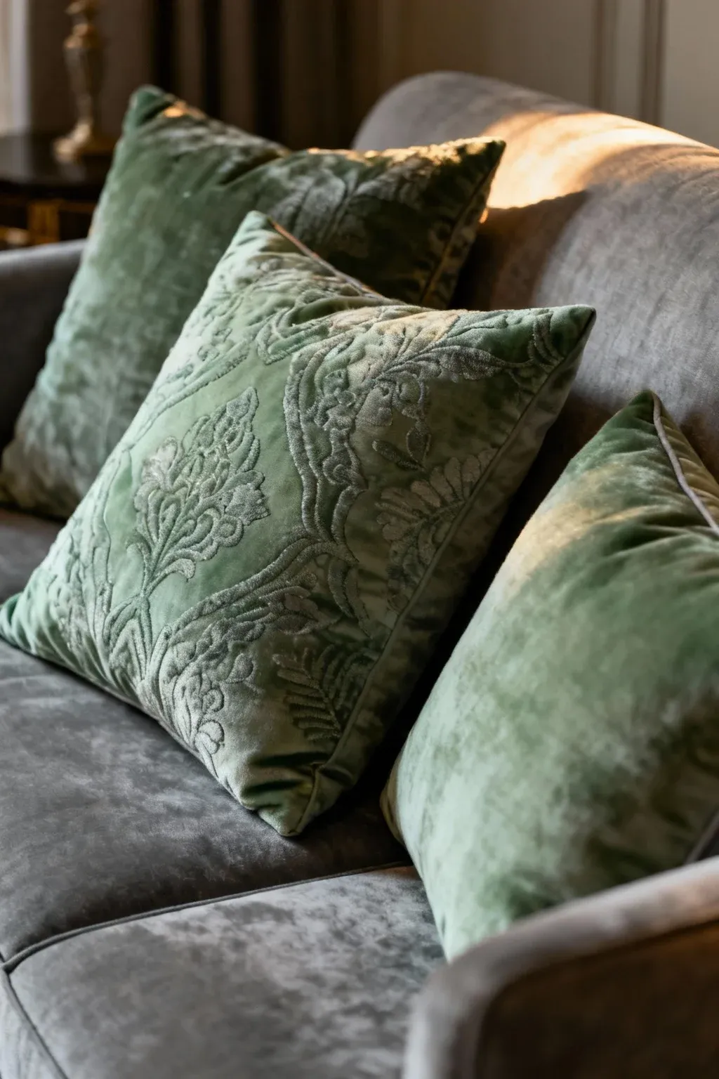 Sage green and grey decorative cushions on a sofa.