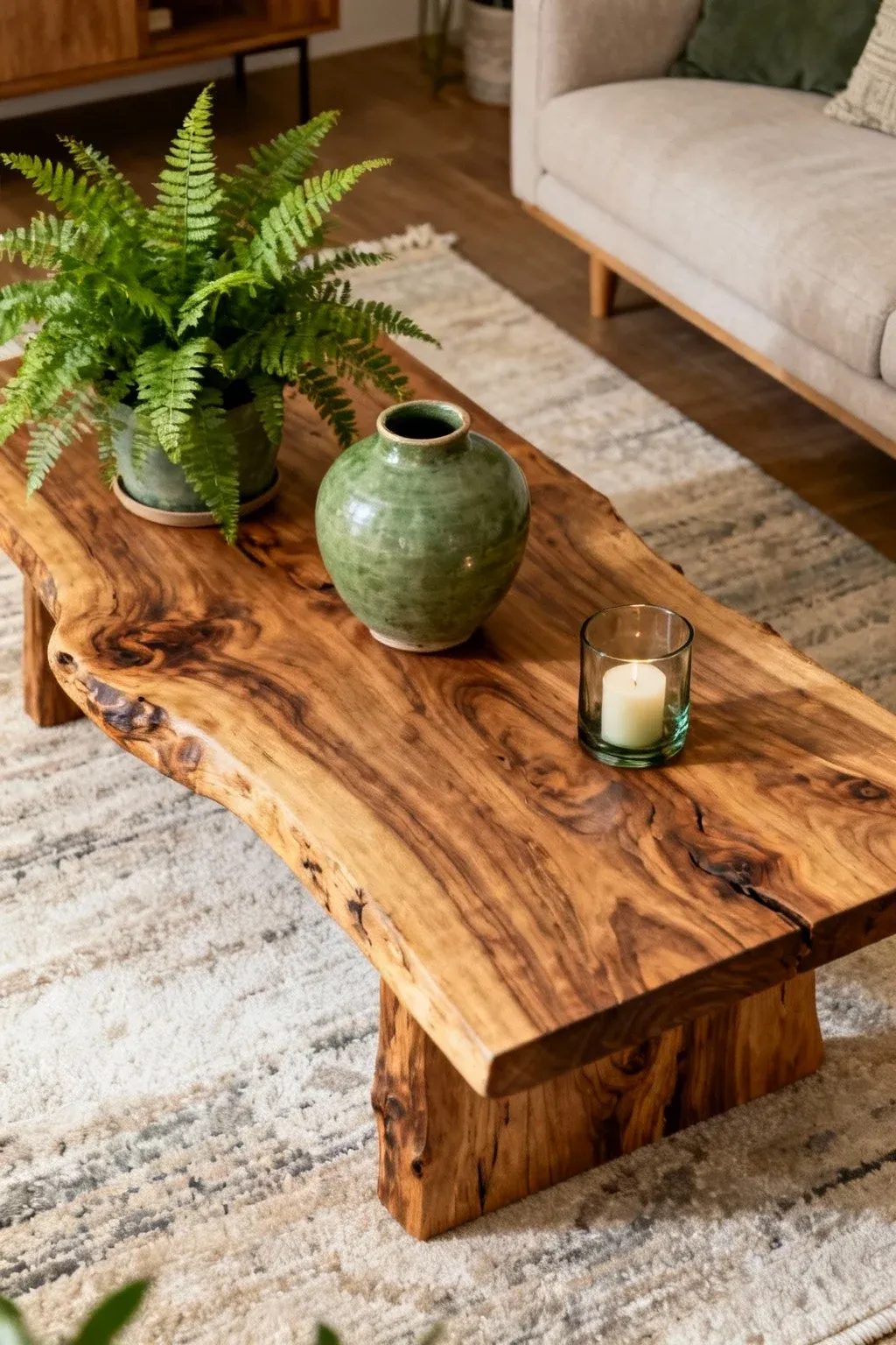 A natural wood coffee table with green decor items.