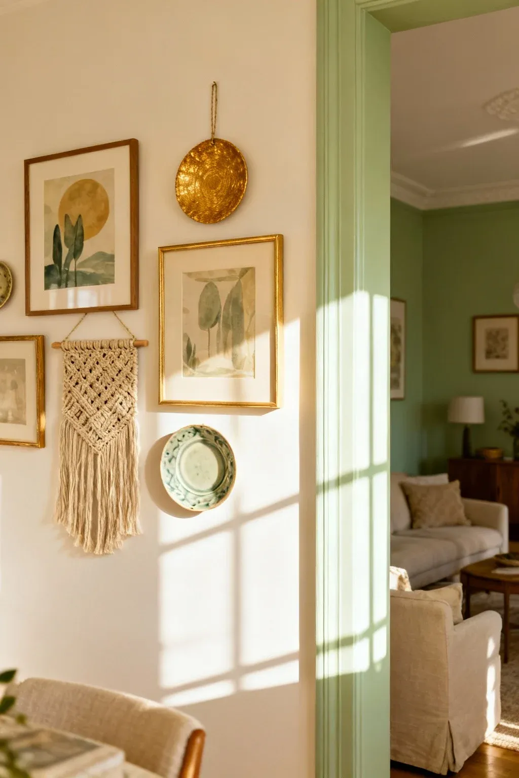 Wall decor in cream and sage green enhancing a living space.