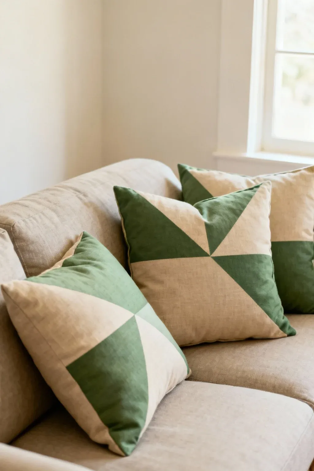 Color-blocked sage green and beige pillows on a sofa.
