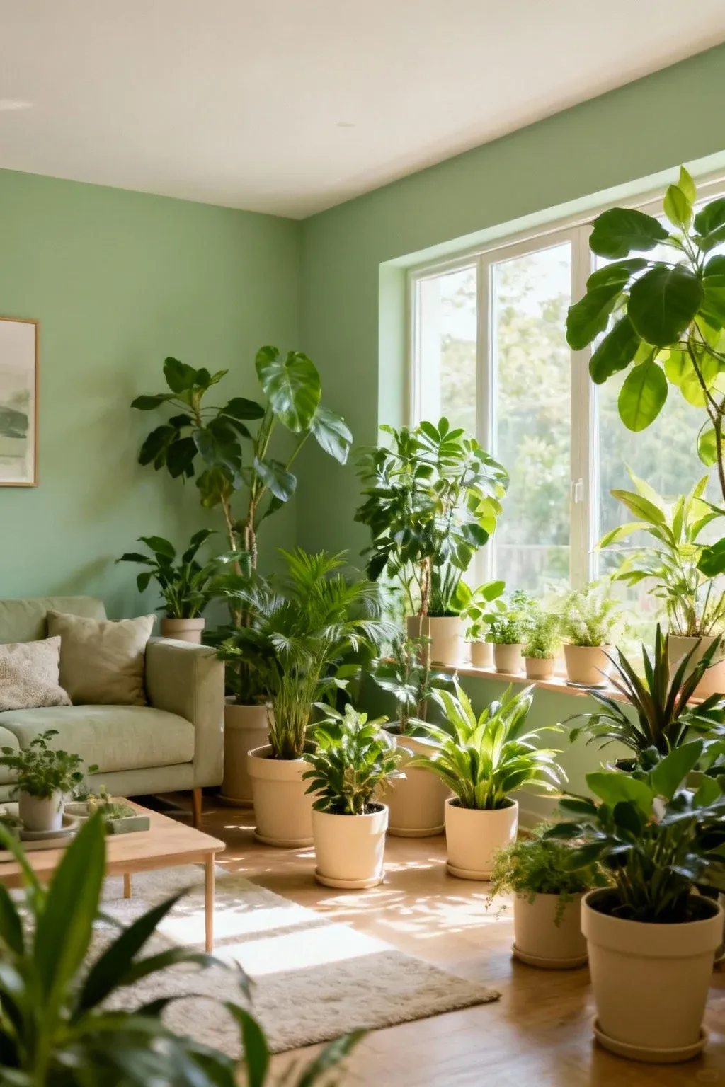 Indoor plants in beige pots adding green accents to a living room.
