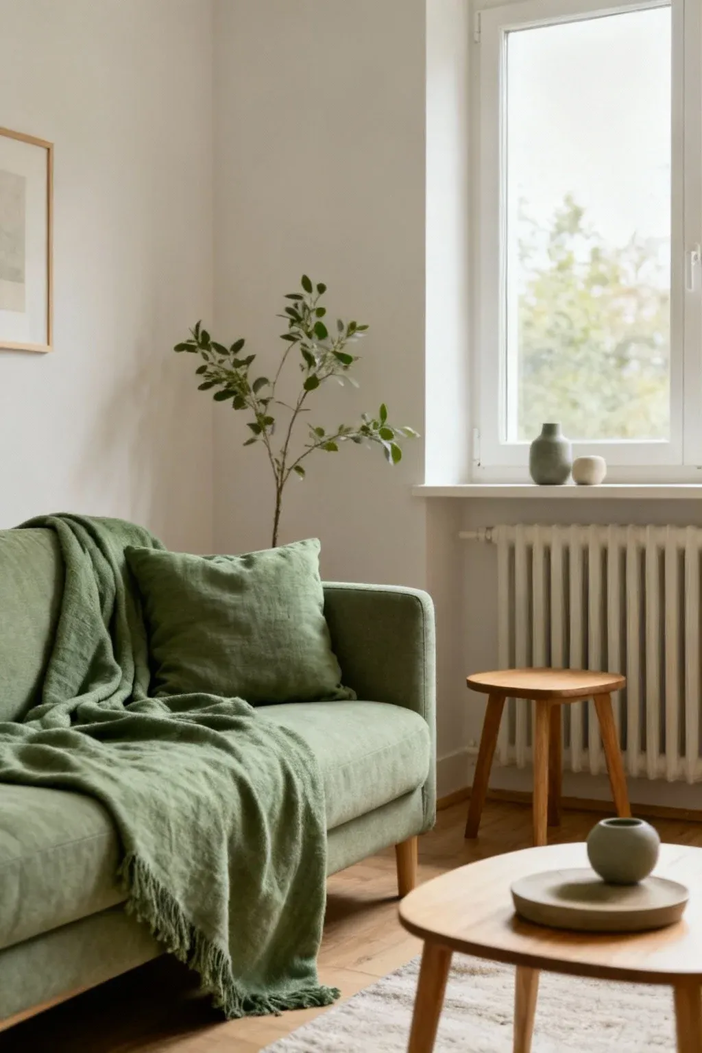 A Scandinavian living room with sage green textiles.