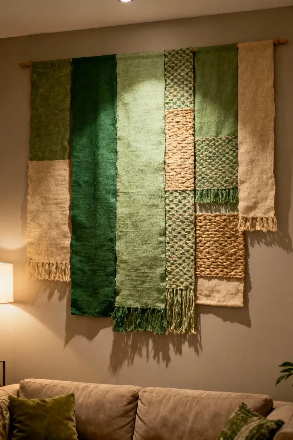 Layered green and beige wall hangings in a living room.