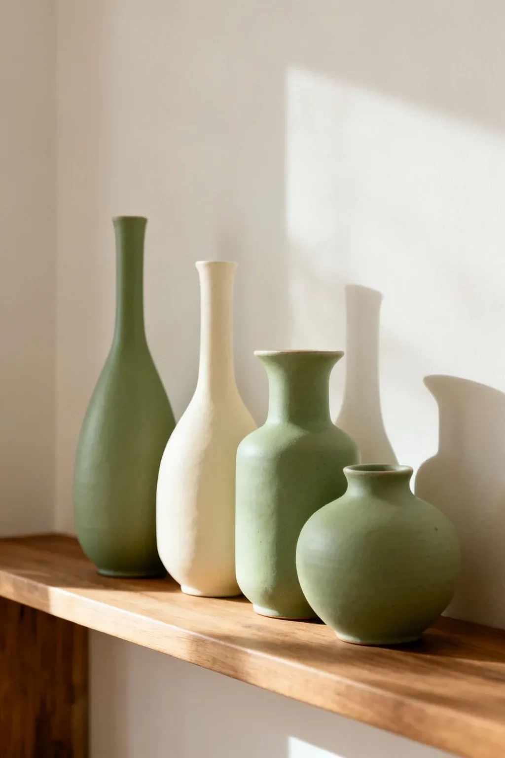 Decorative vases in sage green and cream on a shelf.