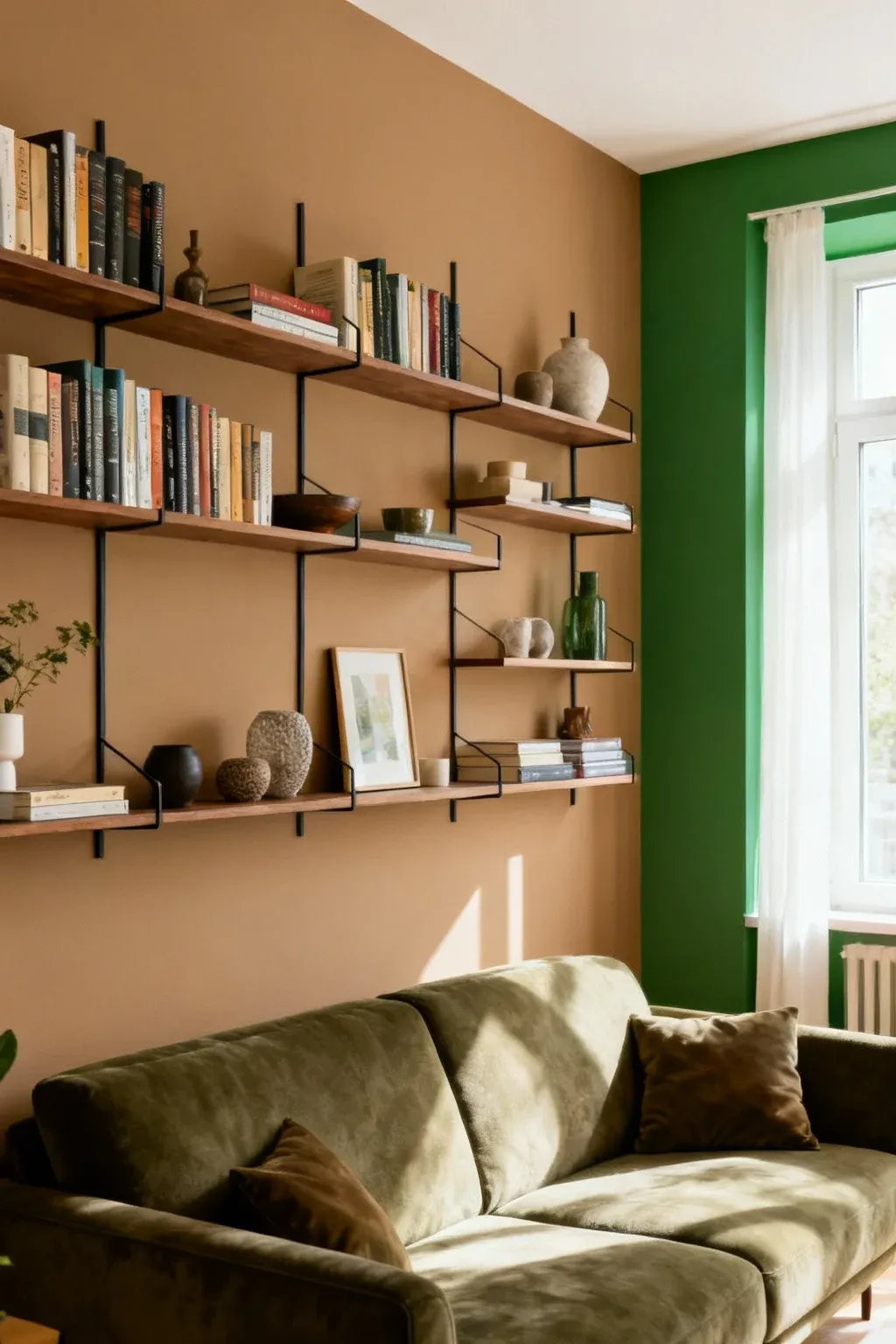 Tan and green wall shelves with books and decor.