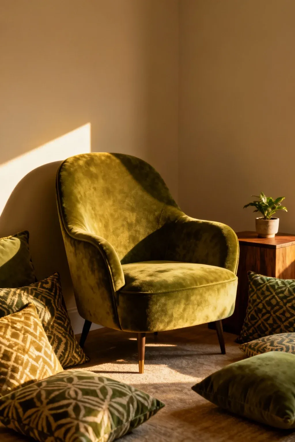 An accent chair in earthy green fabric in a cozy corner.
