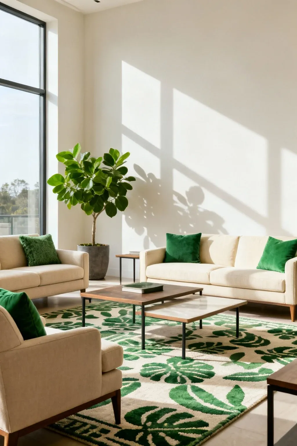 A neutral living room with green highlights in decor.