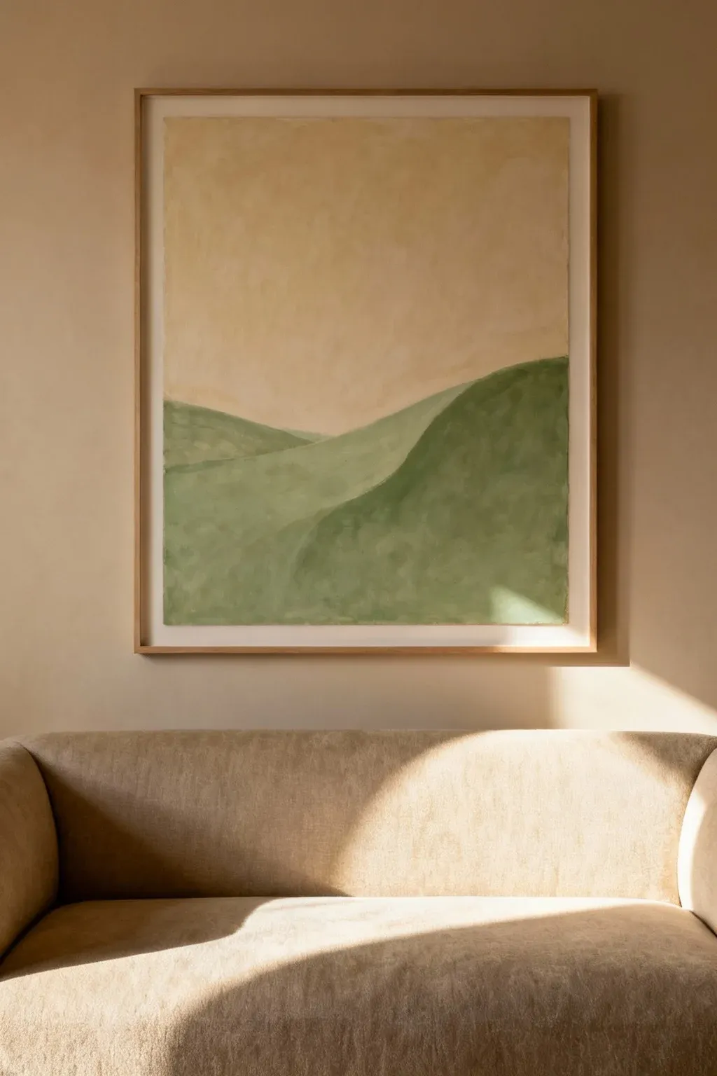 Artwork in beige and sage green as a focal point above a sofa.