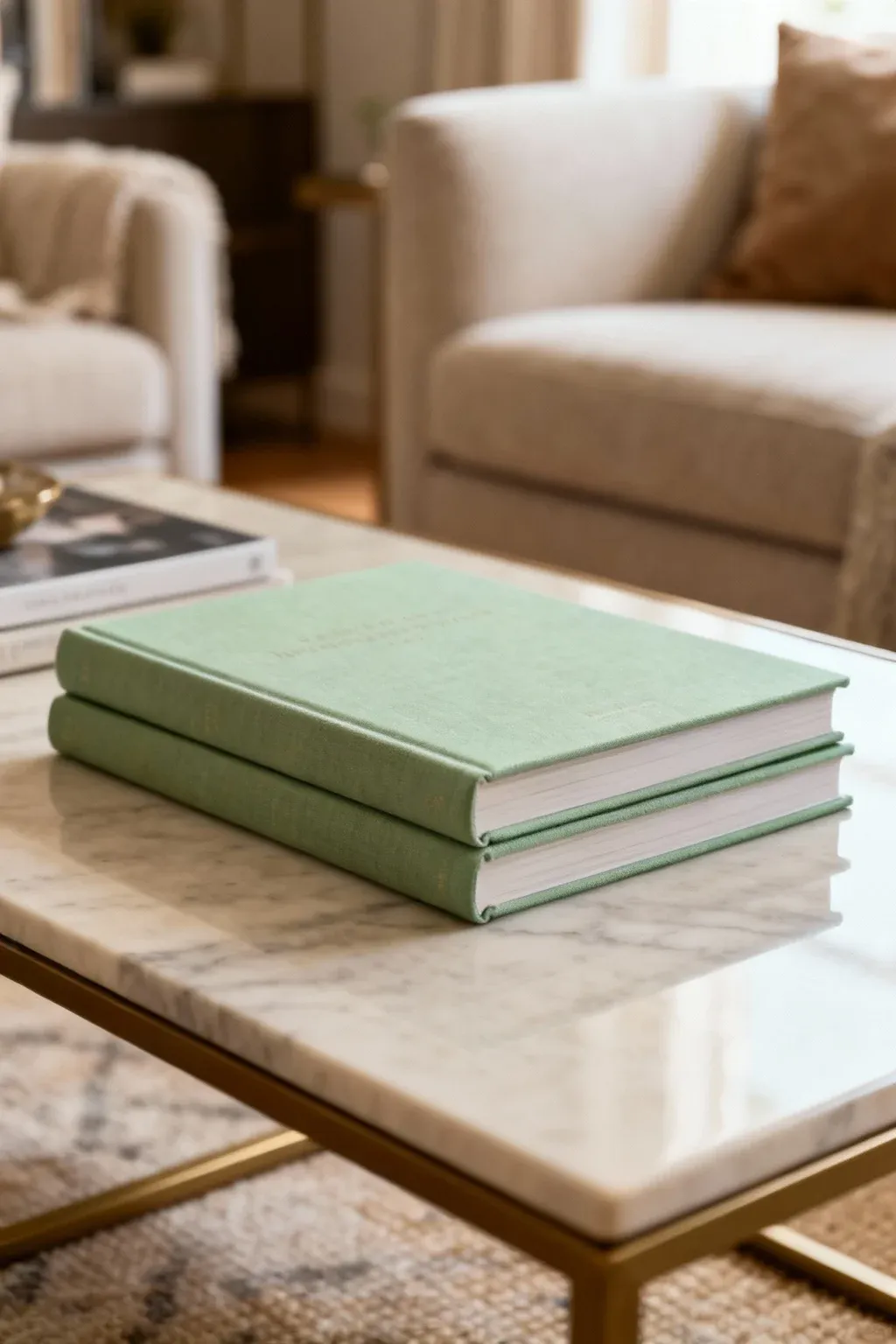 Coffee table books with sage green covers stacked on a table.