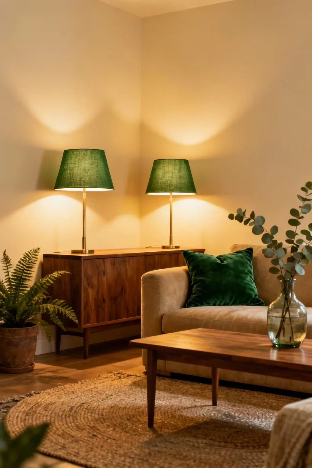 Lamps with green shades adding ambiance to a living room.