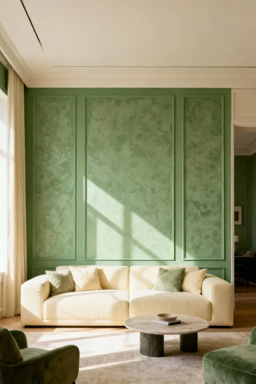 Textured wall panels in sage green and cream in a living room.