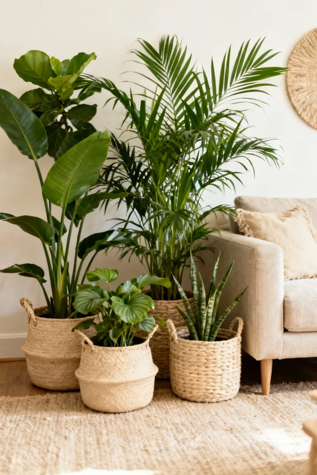 Natural green plants in woven beige baskets in a living room.