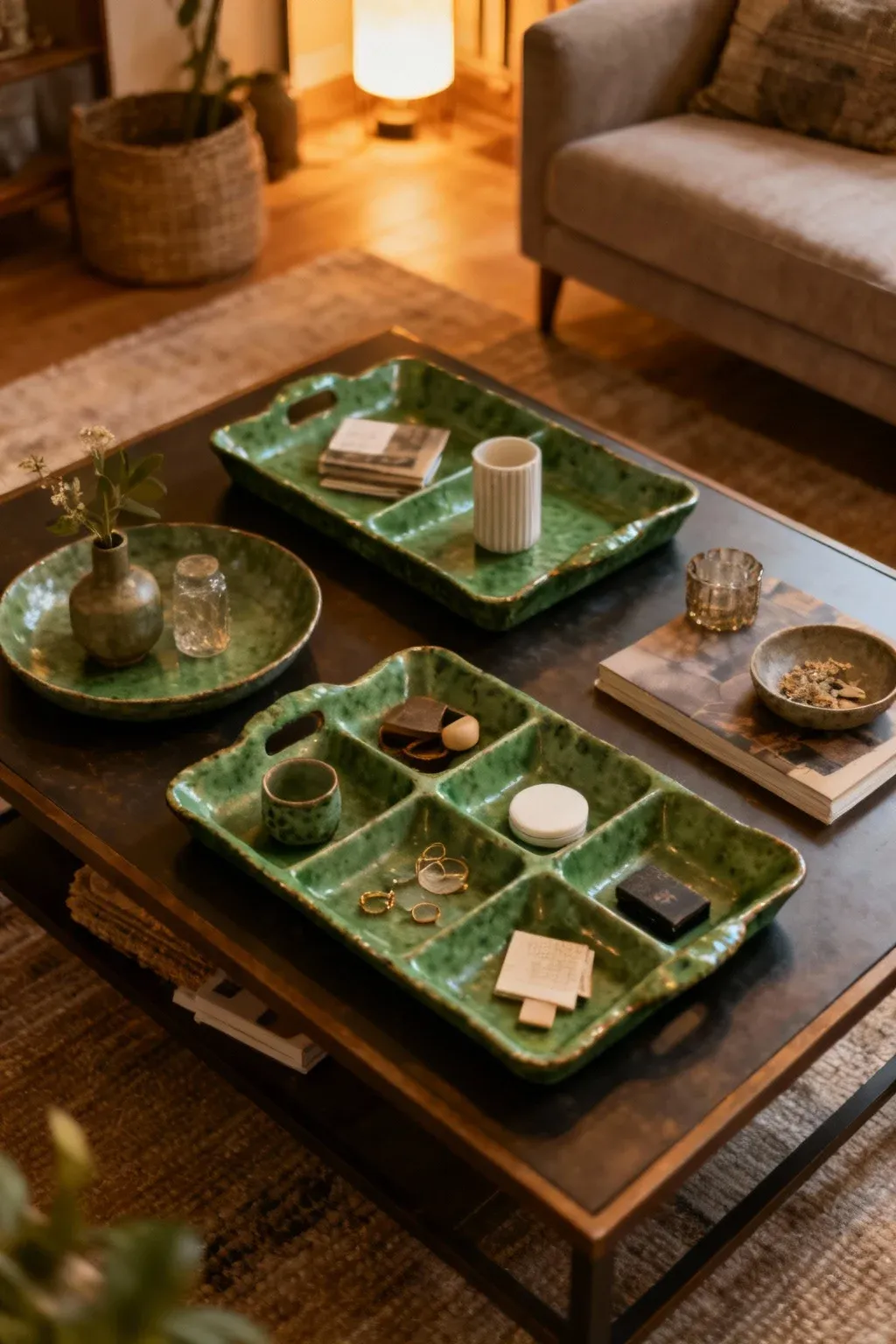 Decorative trays in earthy green on a coffee table.
