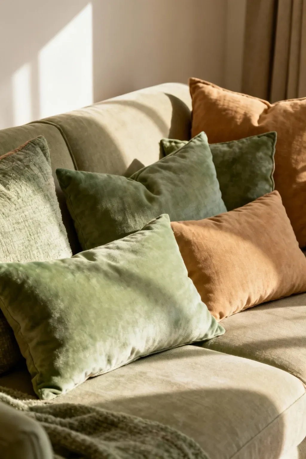 Layered sage green and tan pillows on a sofa.
