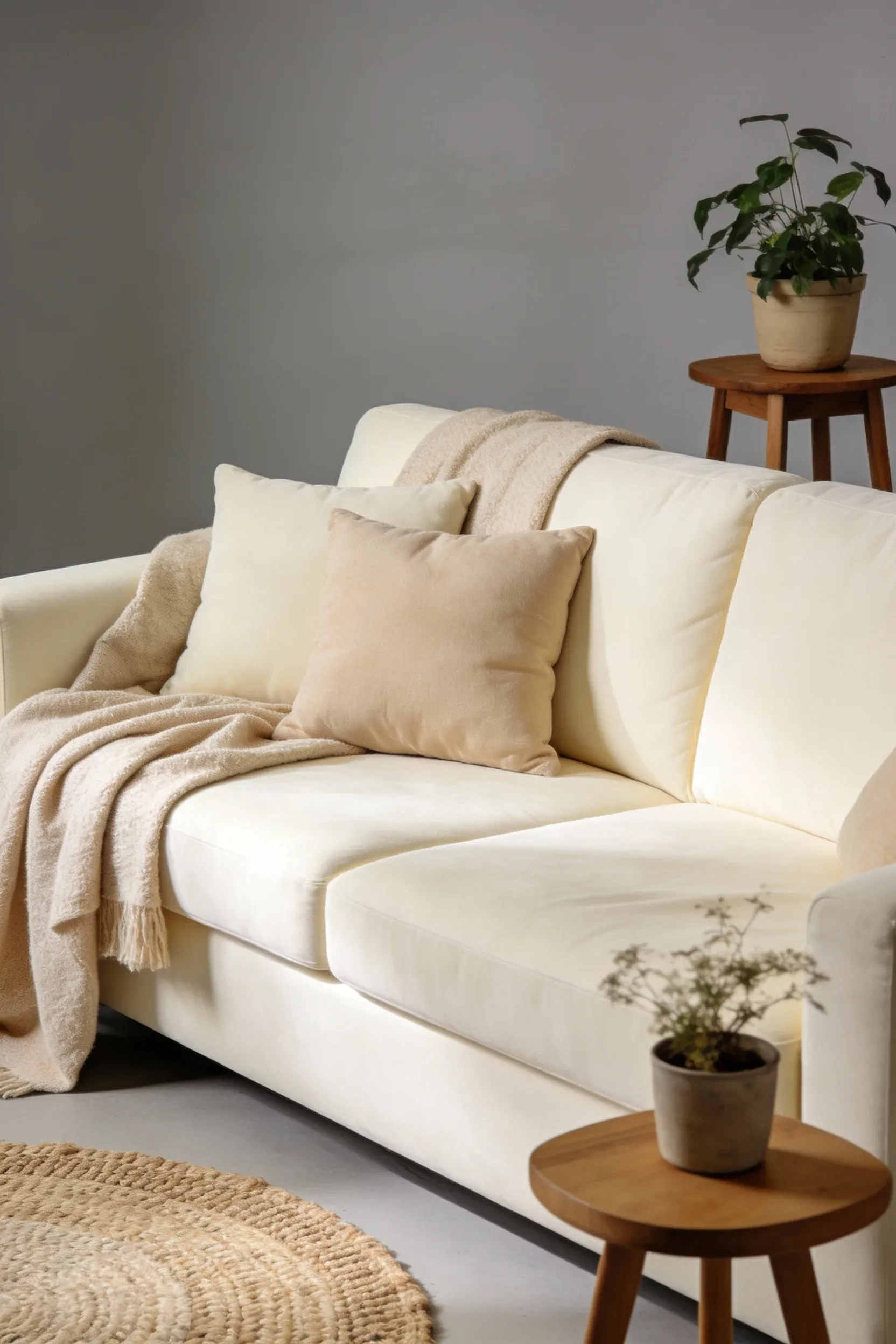 A warm cream sofa with beige accents in a cozy living room setting.