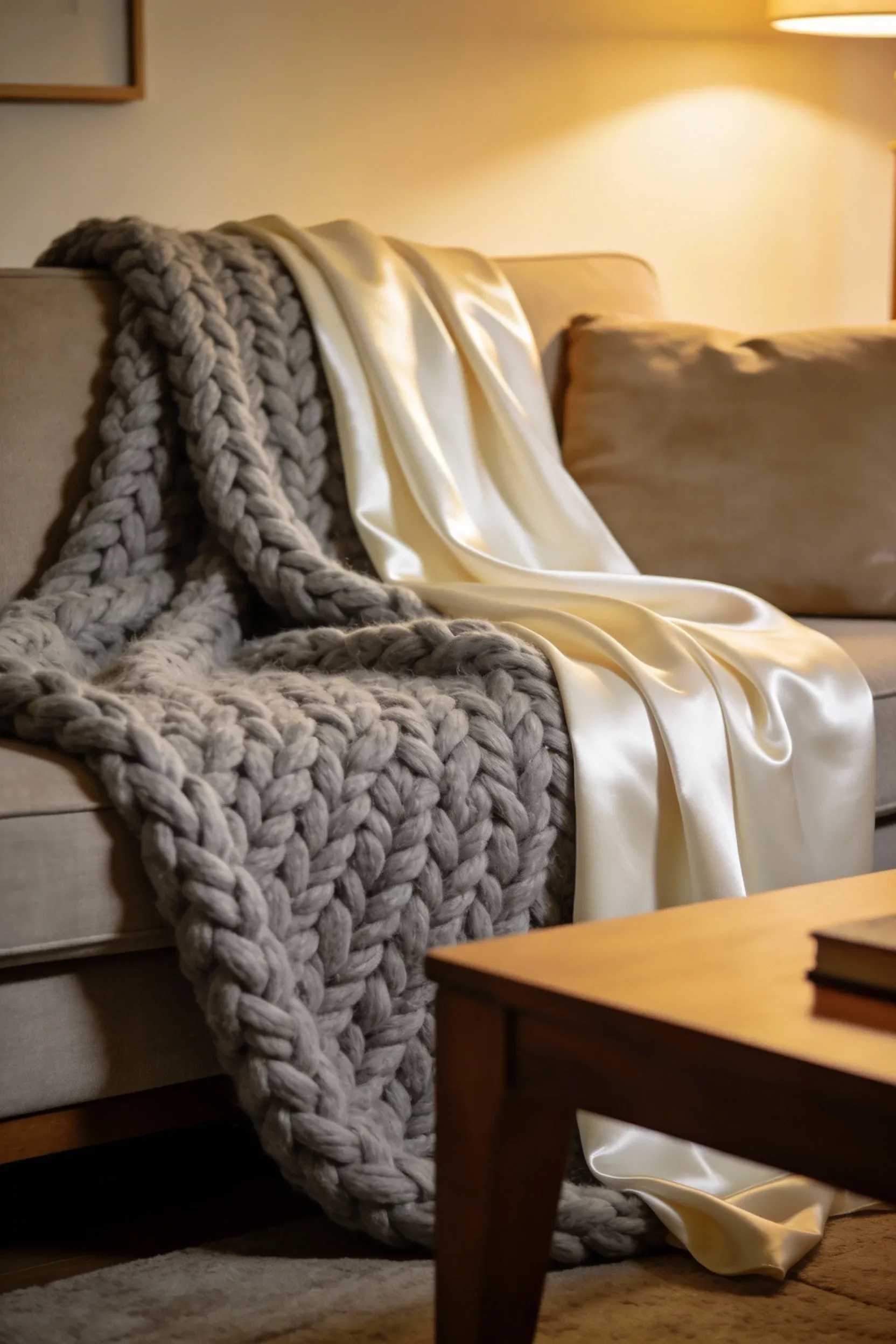 Cozy layered gray and cream throws on a sofa in a living room.