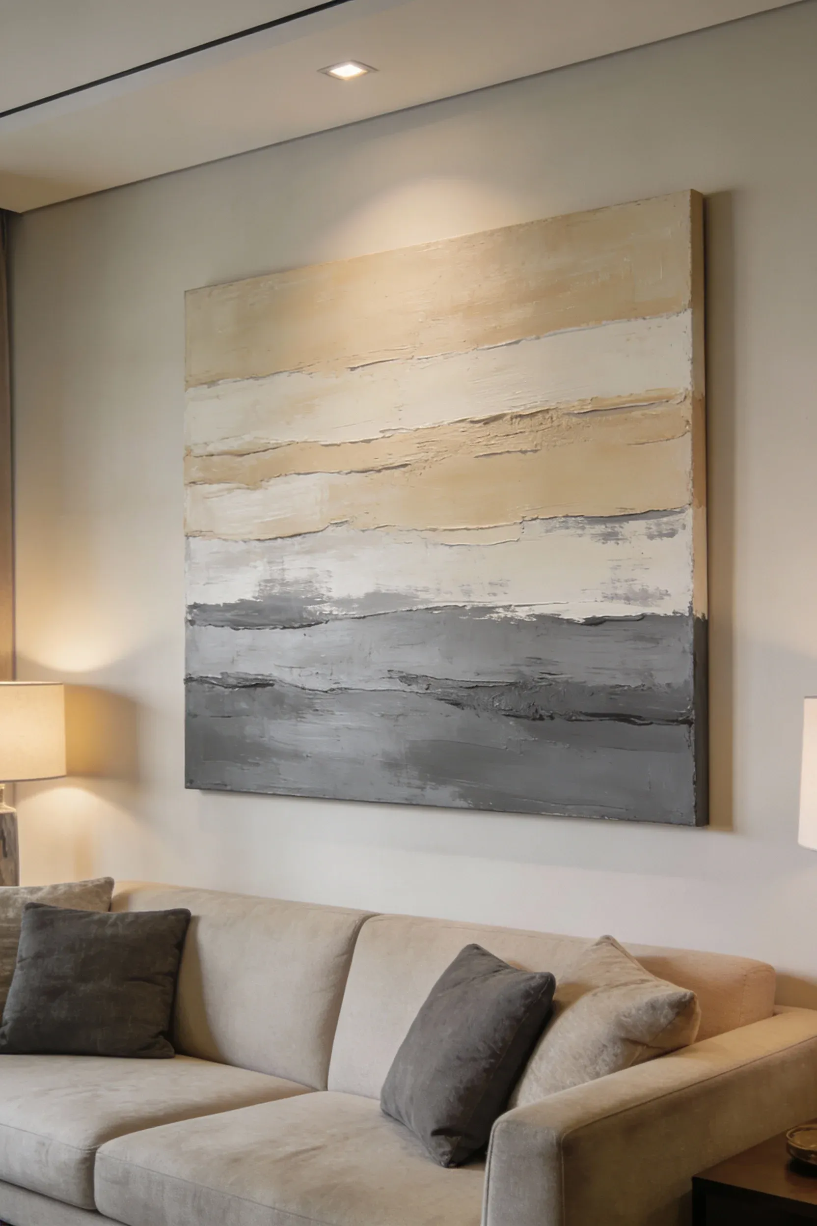 Artwork in beige and gray as a focal point in a living room.