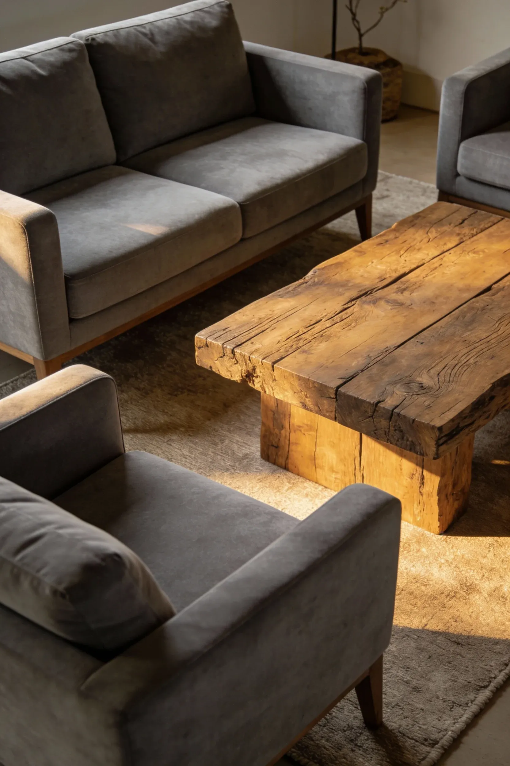 Natural wood furniture and gray upholstery in a cozy living room.