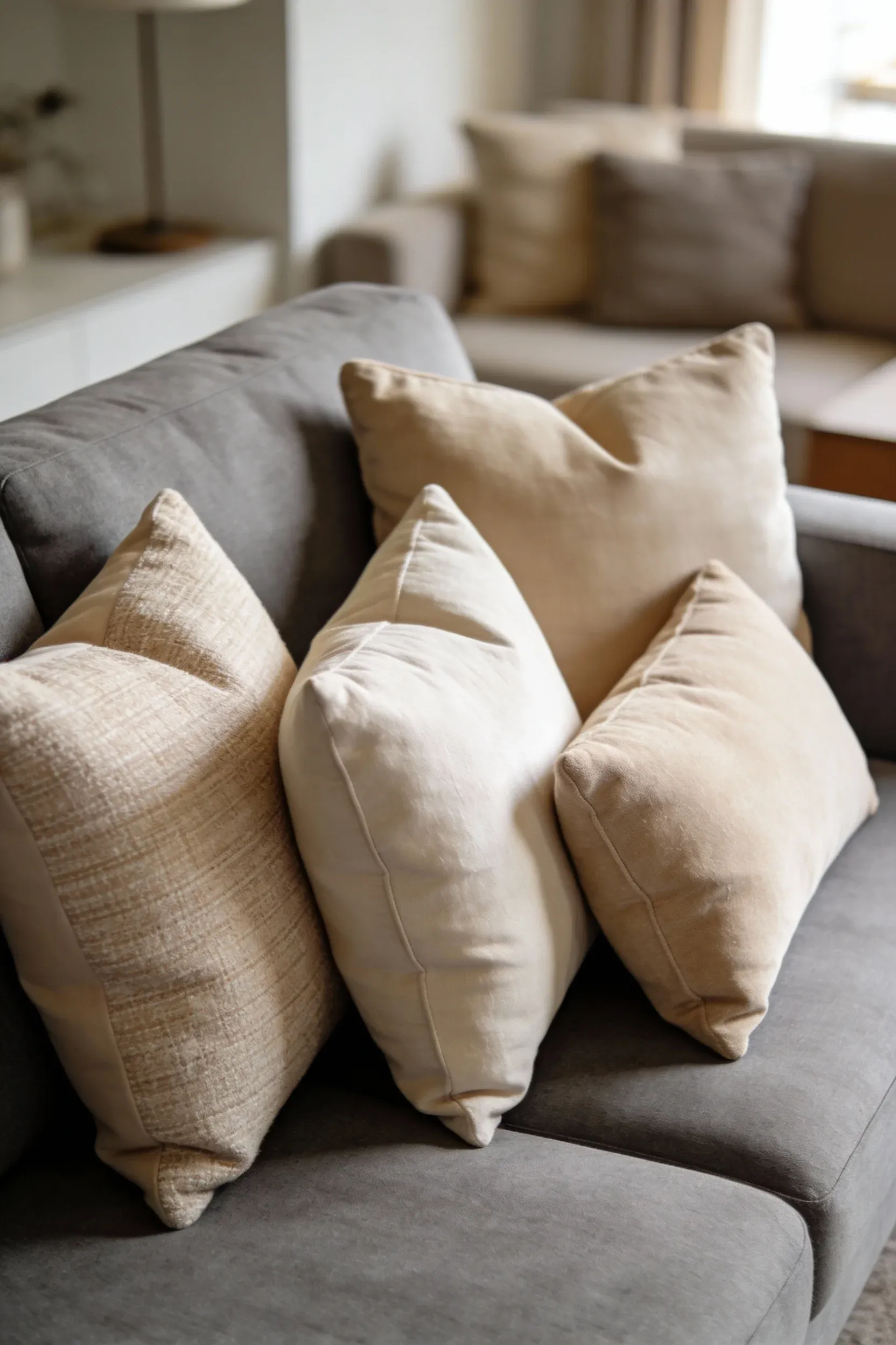 Beige accent pillows arranged on a gray sofa in a living room.