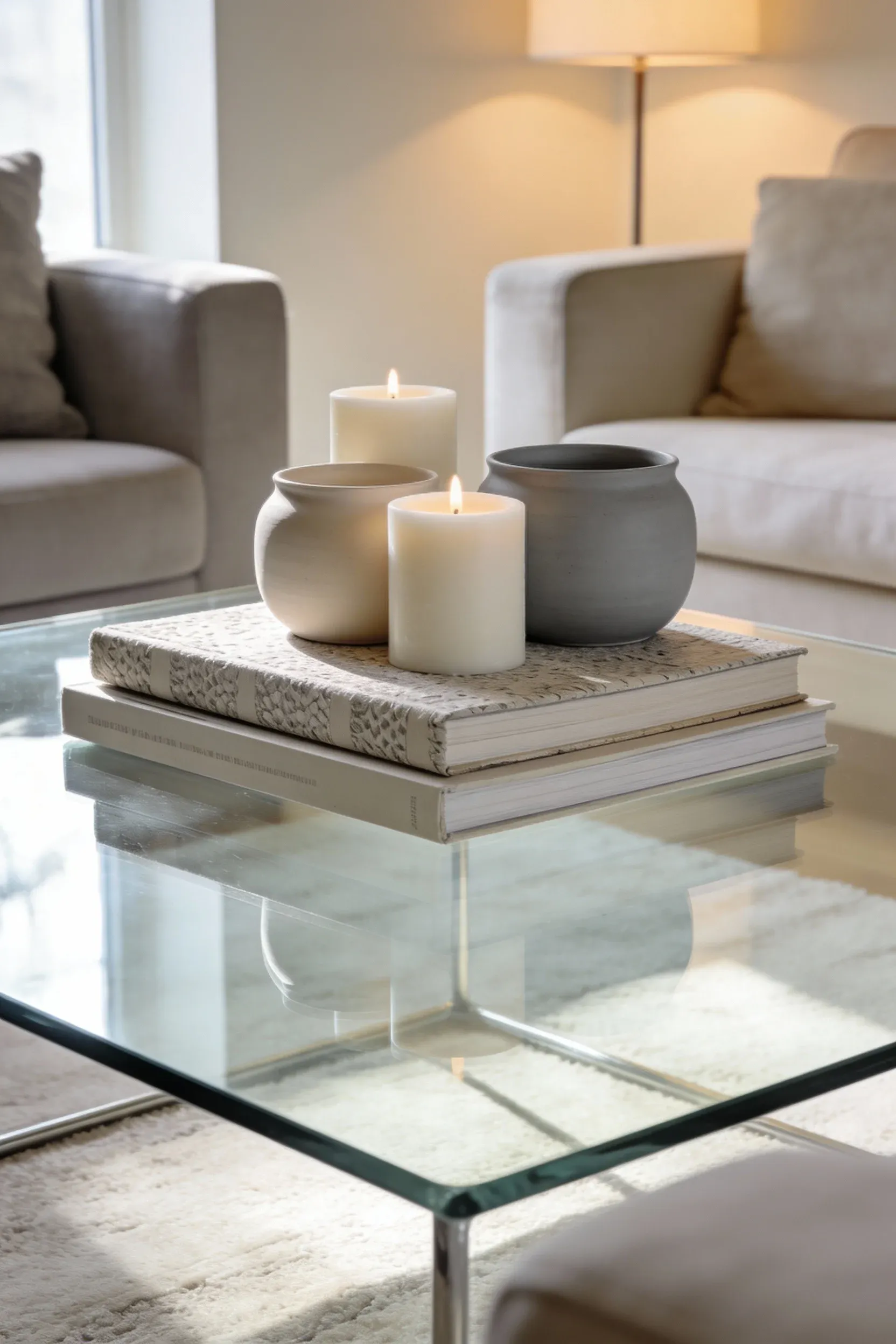 A glass coffee table with decorative items in a living room.