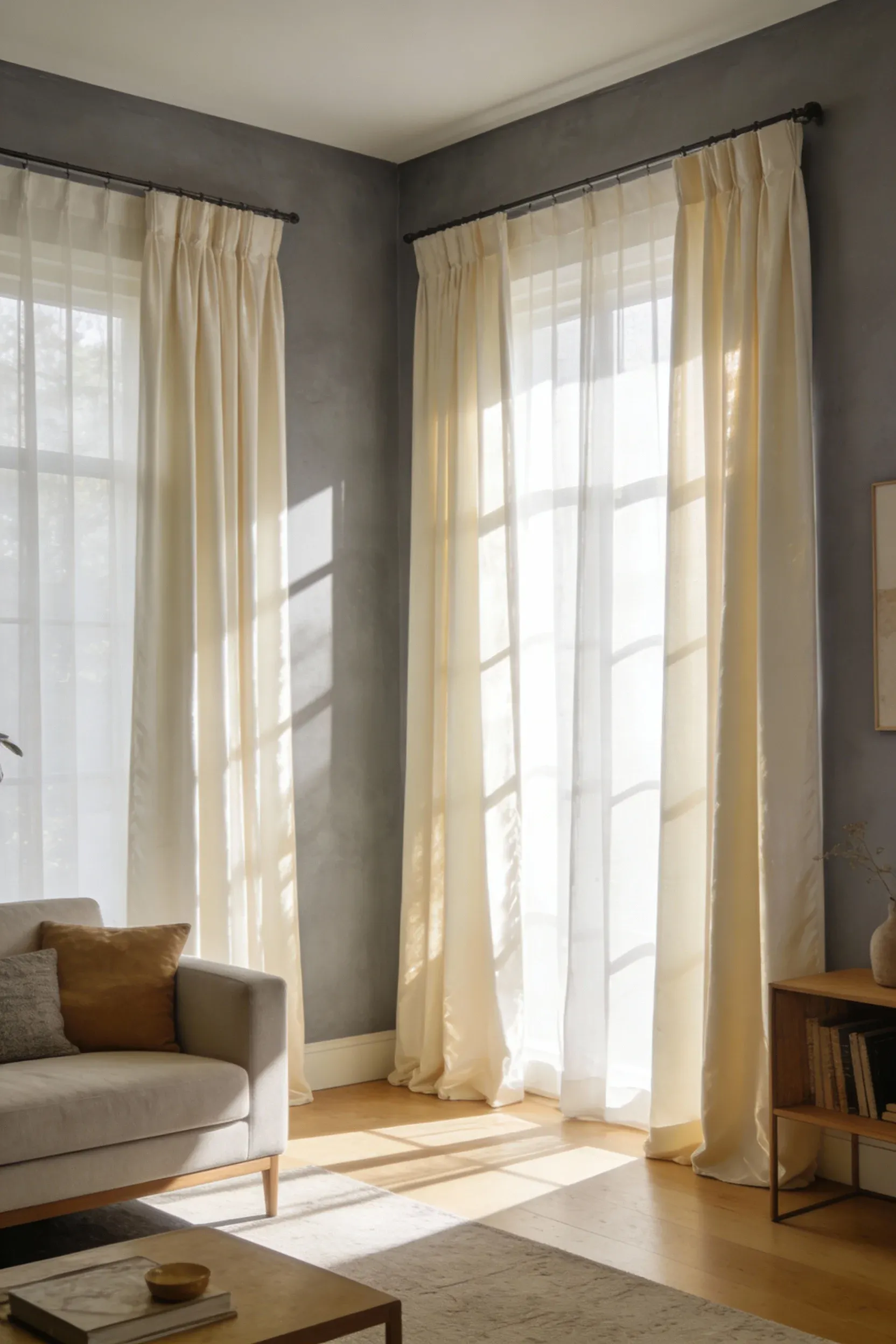 Cream curtains softening the gray palette in a living room.