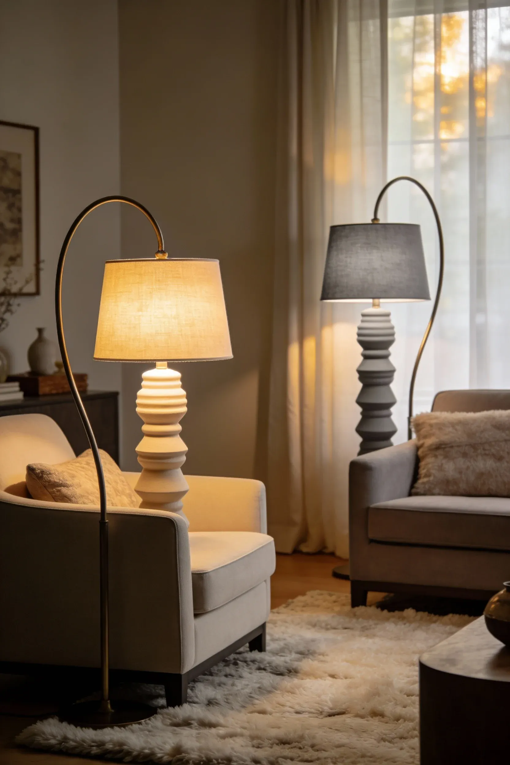Beige and gray floor lamps providing ambient lighting in a living room.