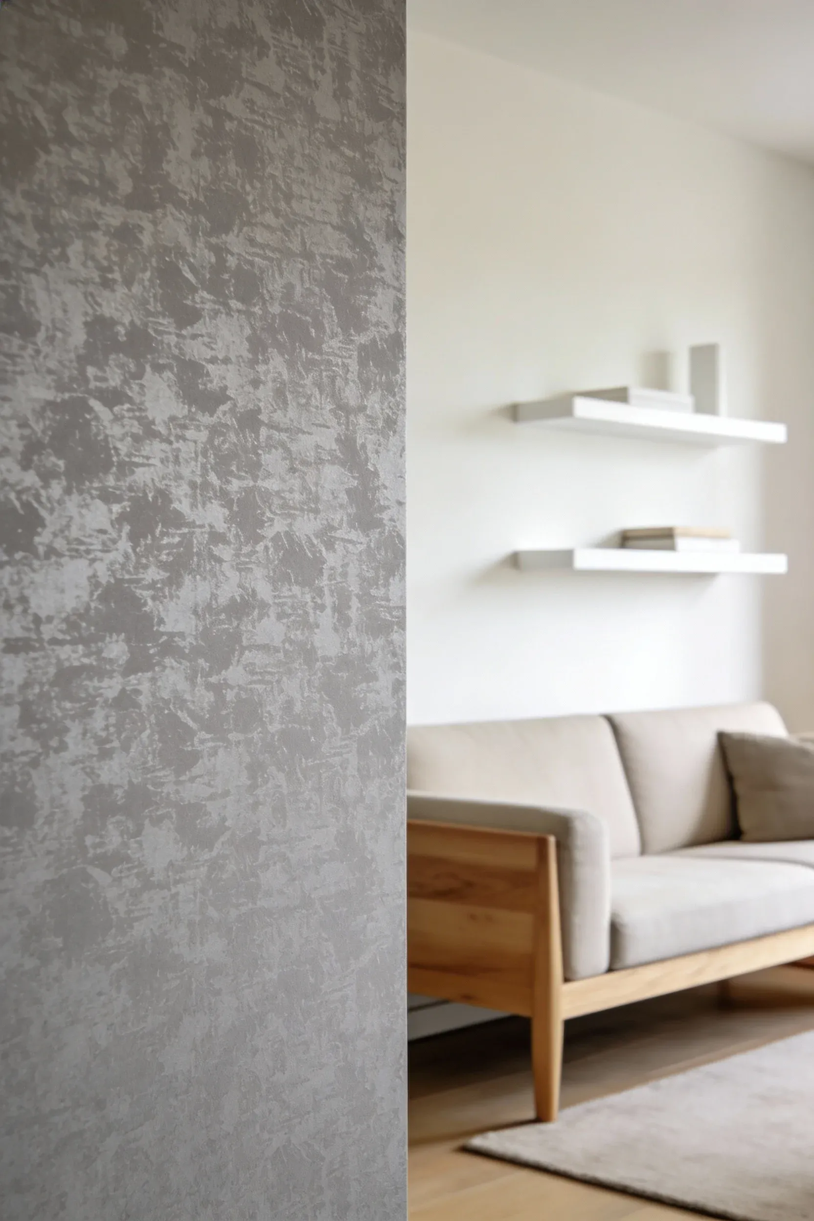 Textured gray wallpaper adding depth to a living room.