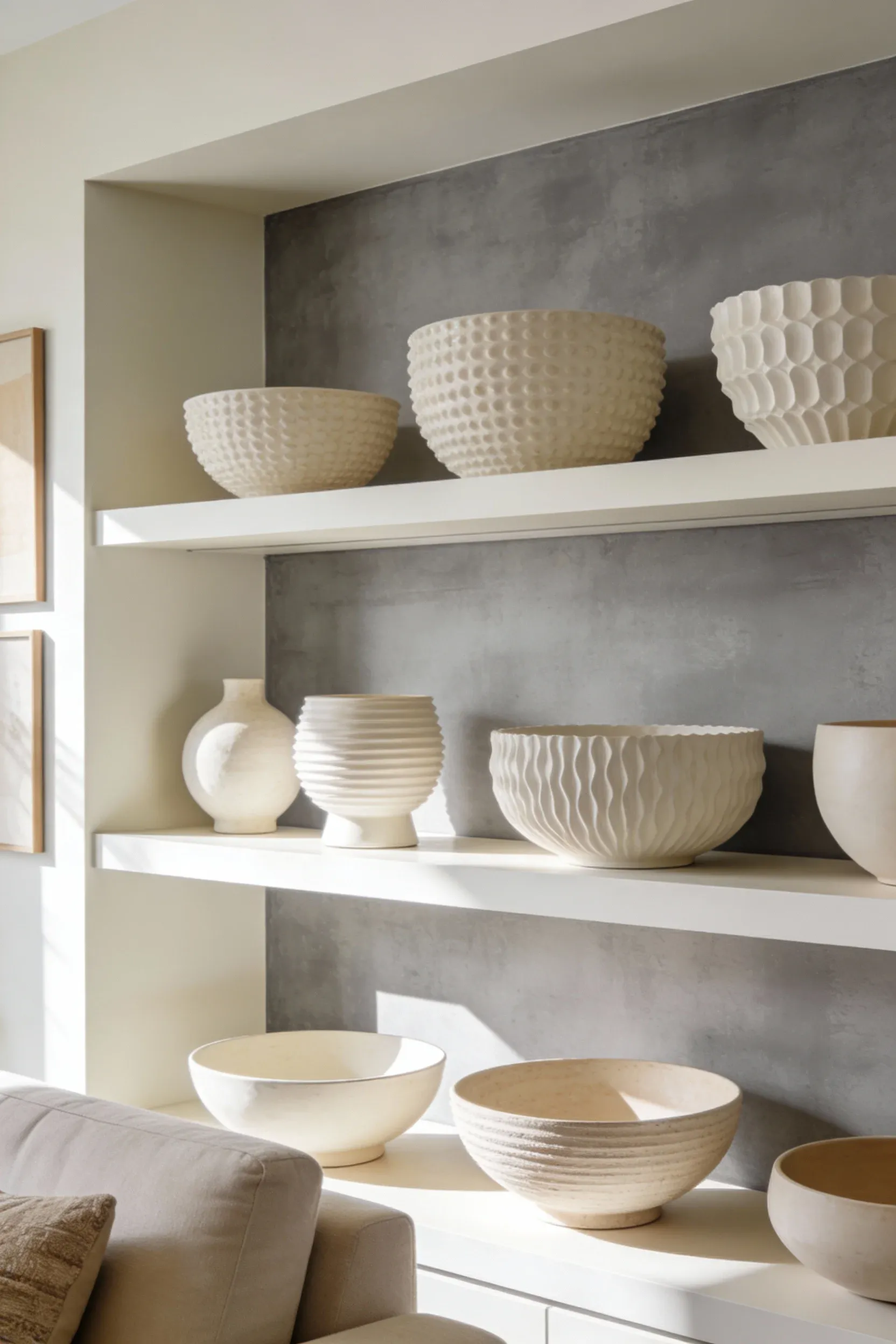 Decorative cream and beige bowls on shelves in a living room.