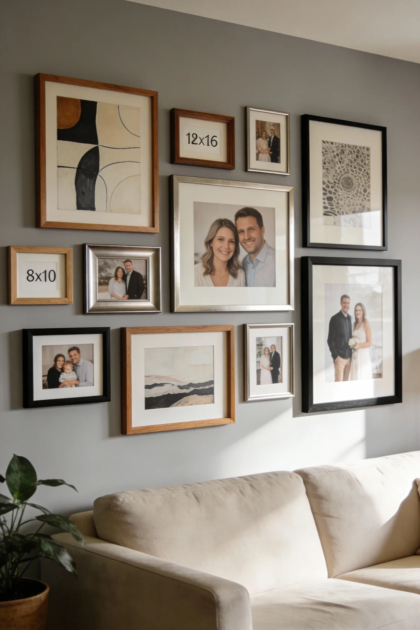 Gallery wall showcasing gray and beige artwork in a living room.