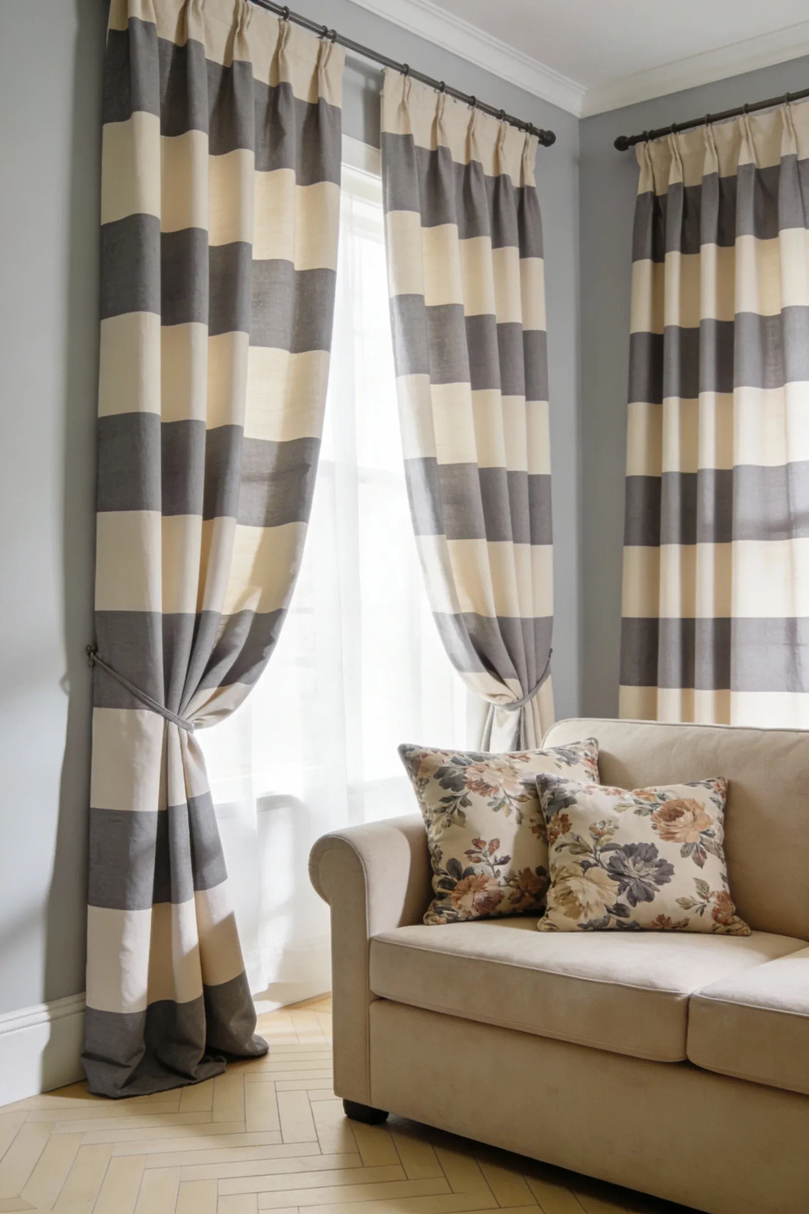 Mix of striped curtains and floral pillows in a living room.