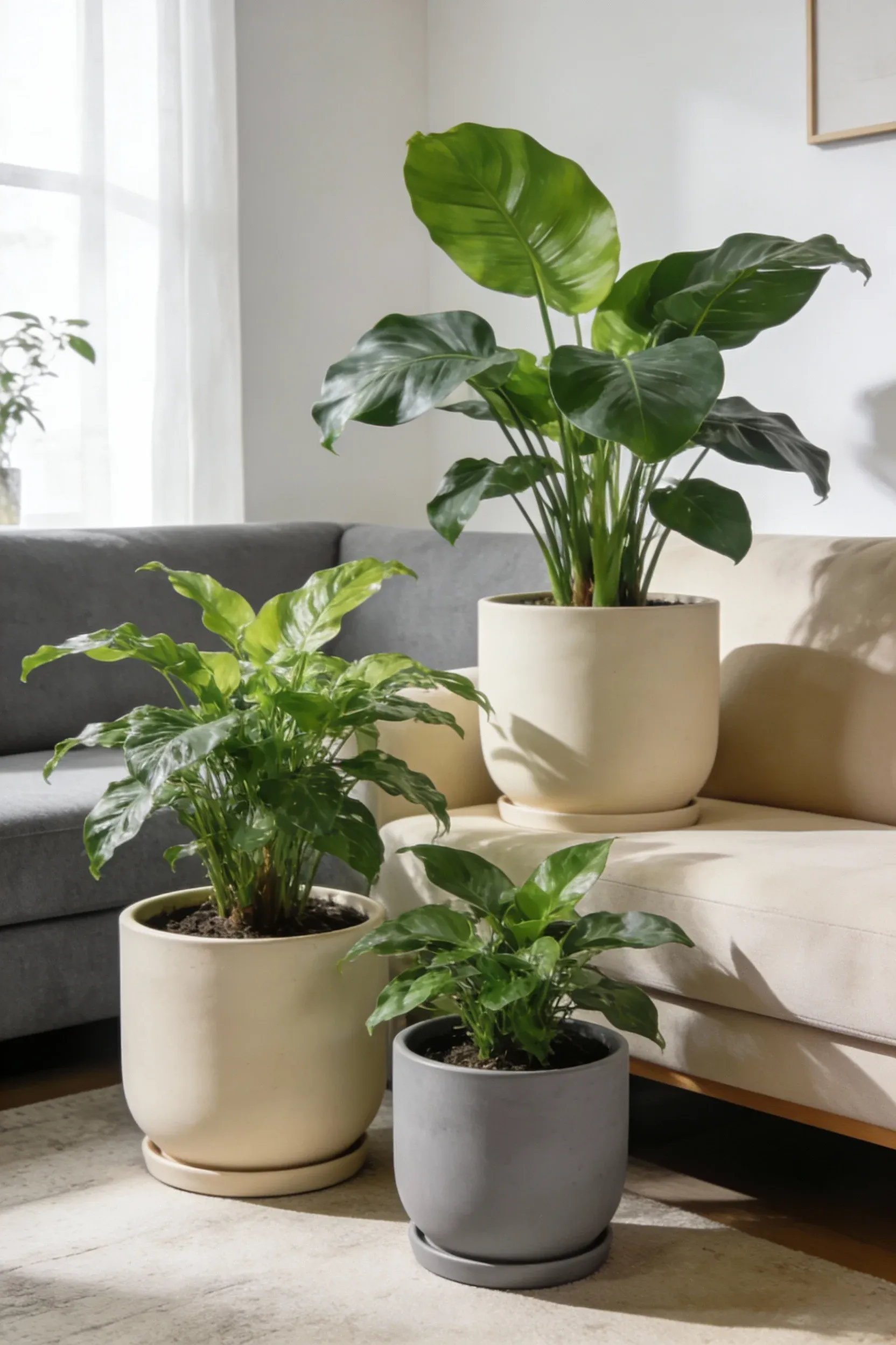 Indoor plants adding freshness to a gray and beige living room.