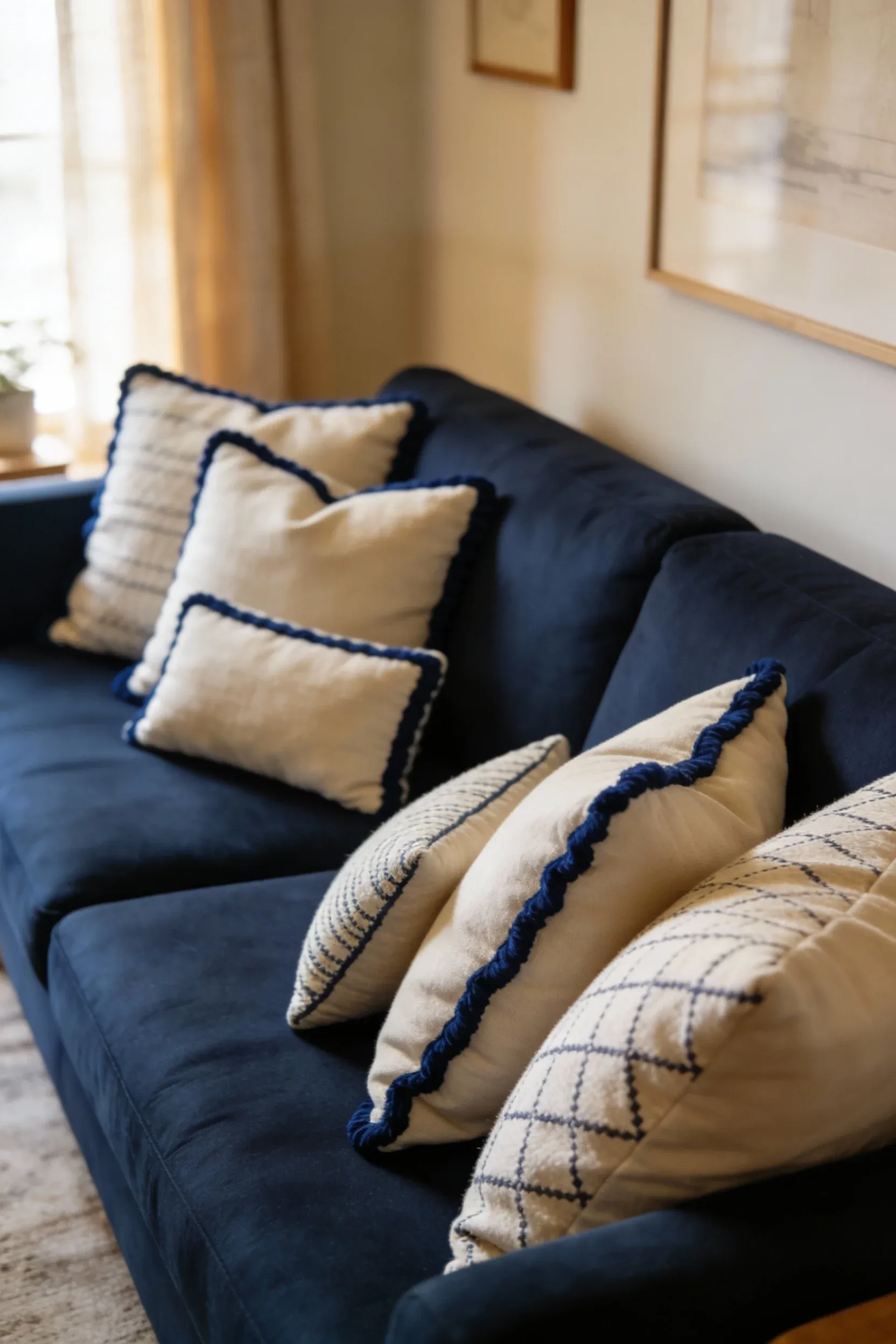 Beige throw pillows with navy blue trim on a navy sofa in a cozy living room.