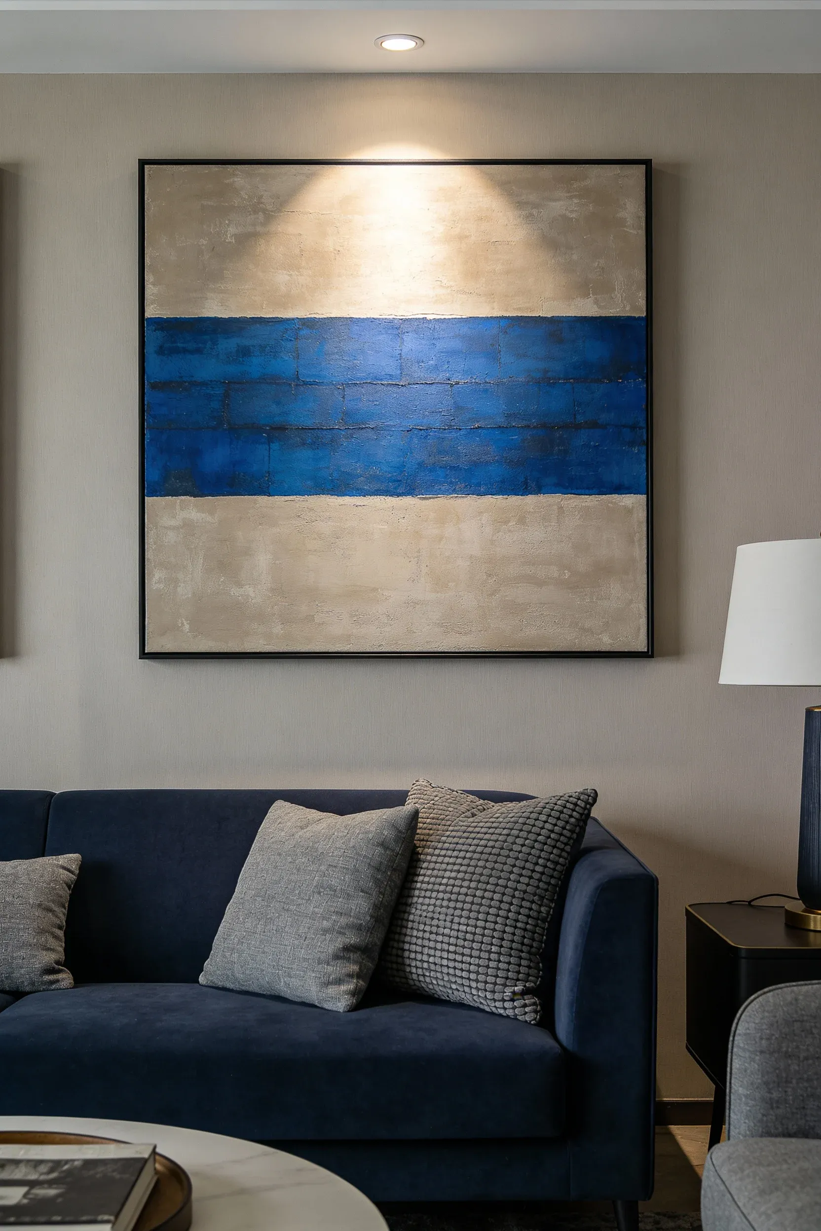 Taupe and blue artwork on a wall in a stylish living room.