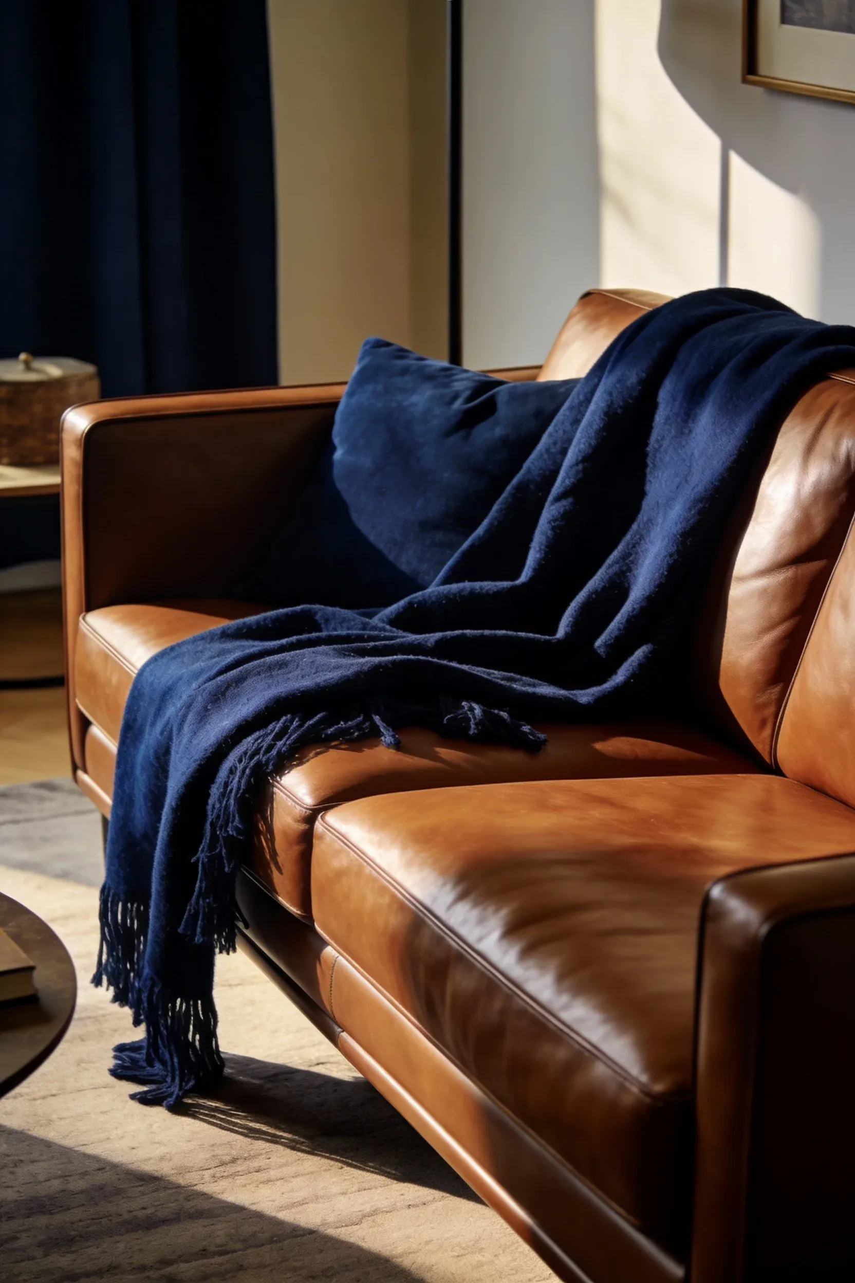 Brown leather sofa with navy blue throws in a stylish living room.