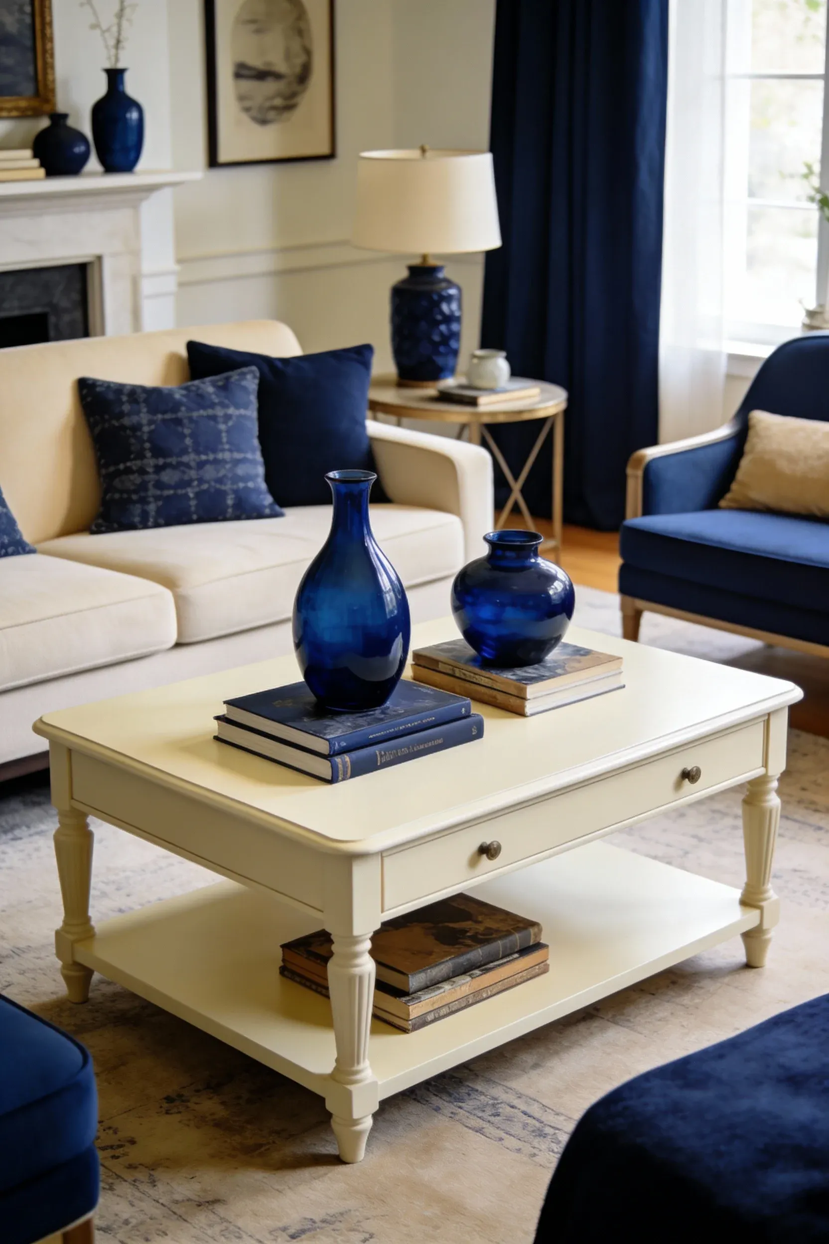 Cream coffee table decorated with navy blue items in a living room.
