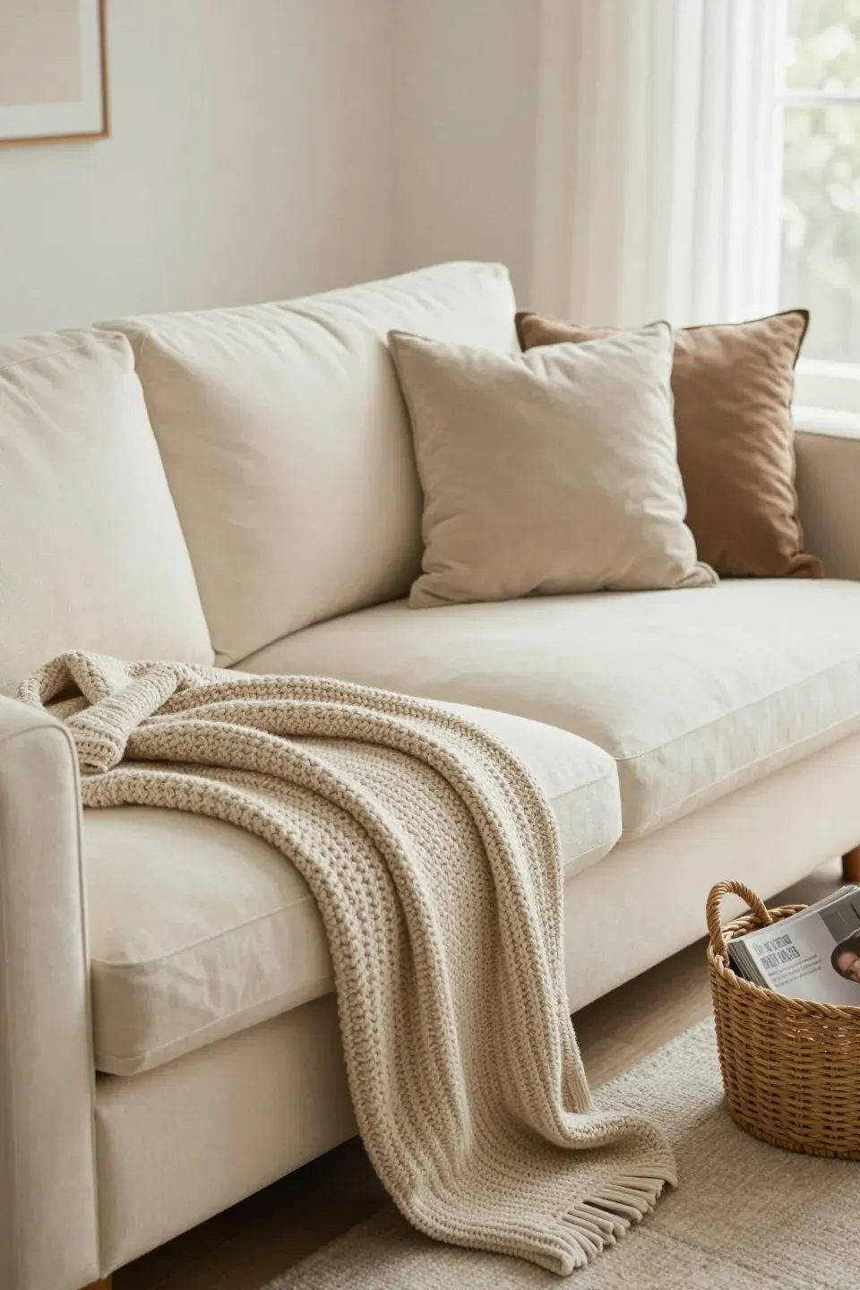 Cozy living room with a cream sofa, beige throw blankets, and warm textures.