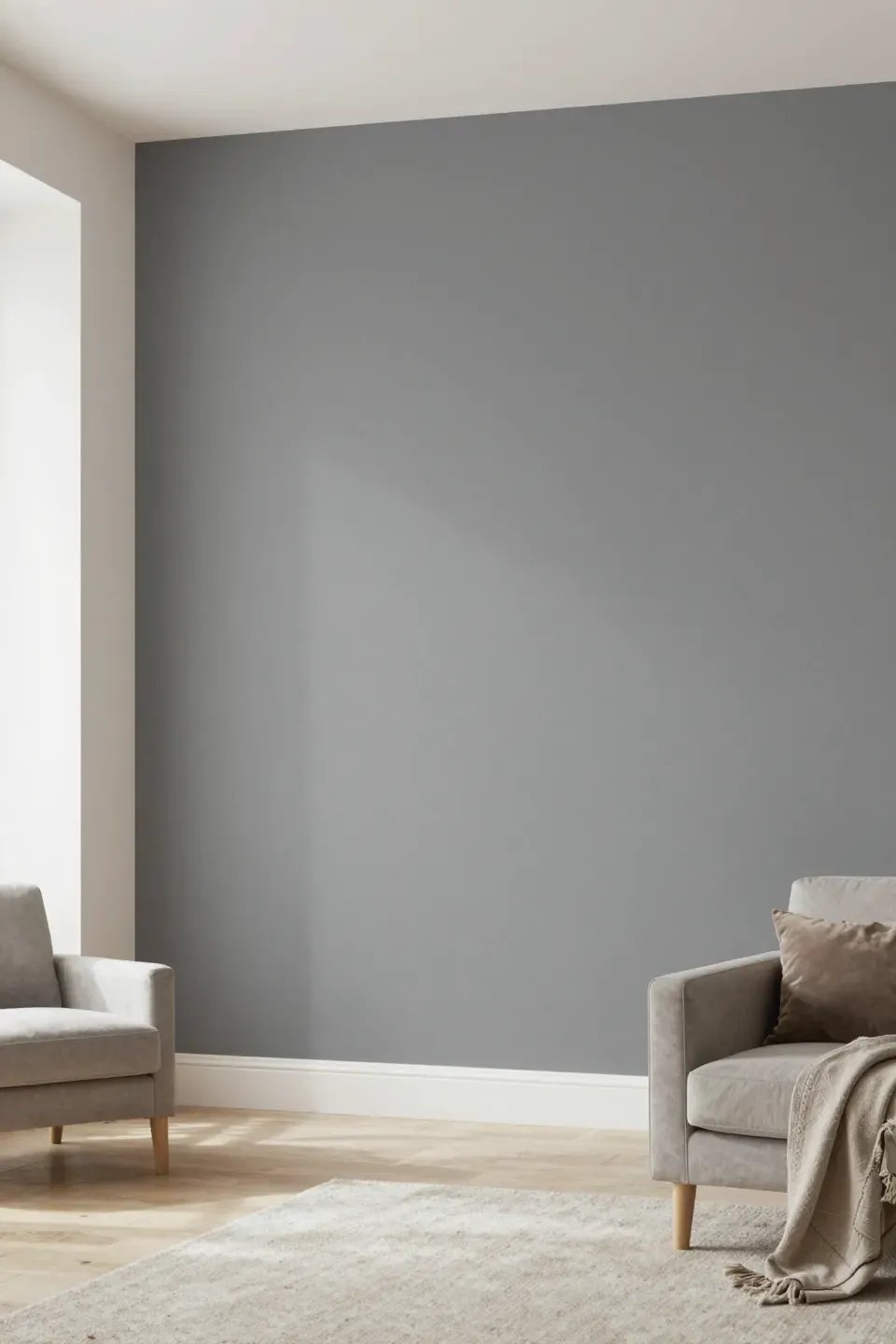 Sophisticated living room with a greige accent wall and neutral decor.