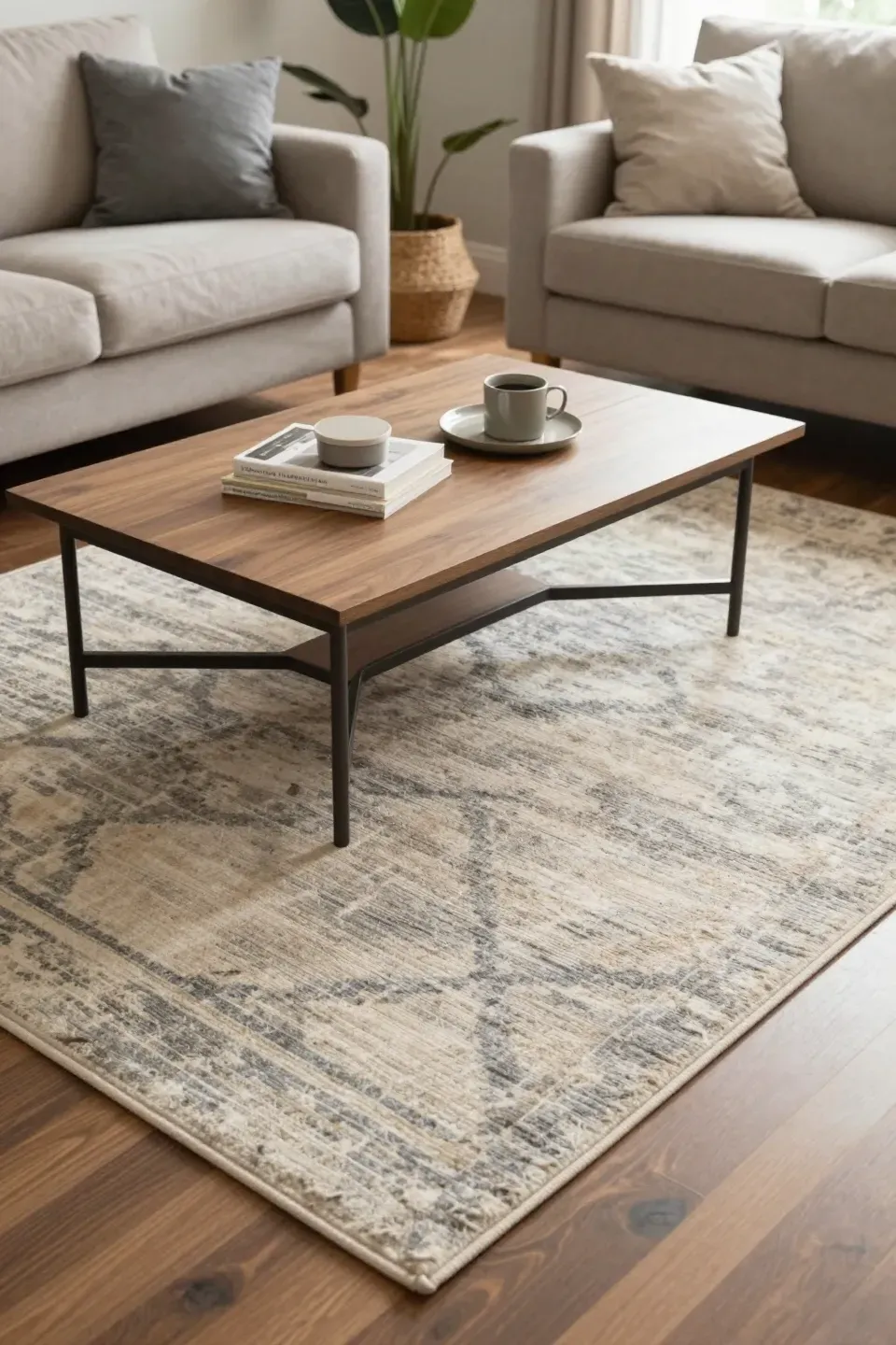 Tan and gray area rug under a coffee table in a stylish living room.