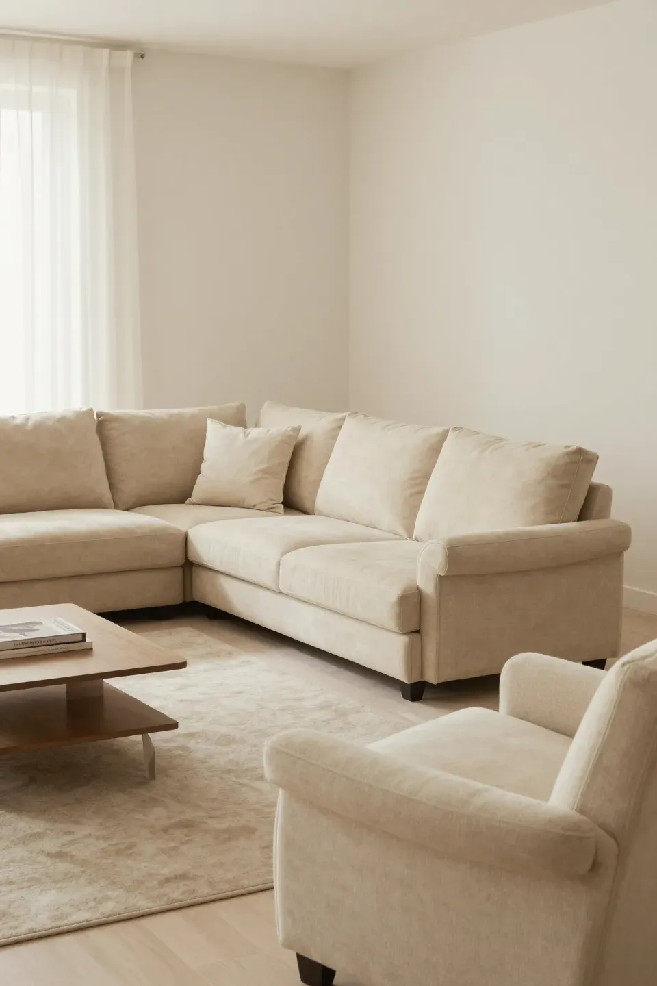 Stylish living room with a beige sectional and cream accent chairs.
