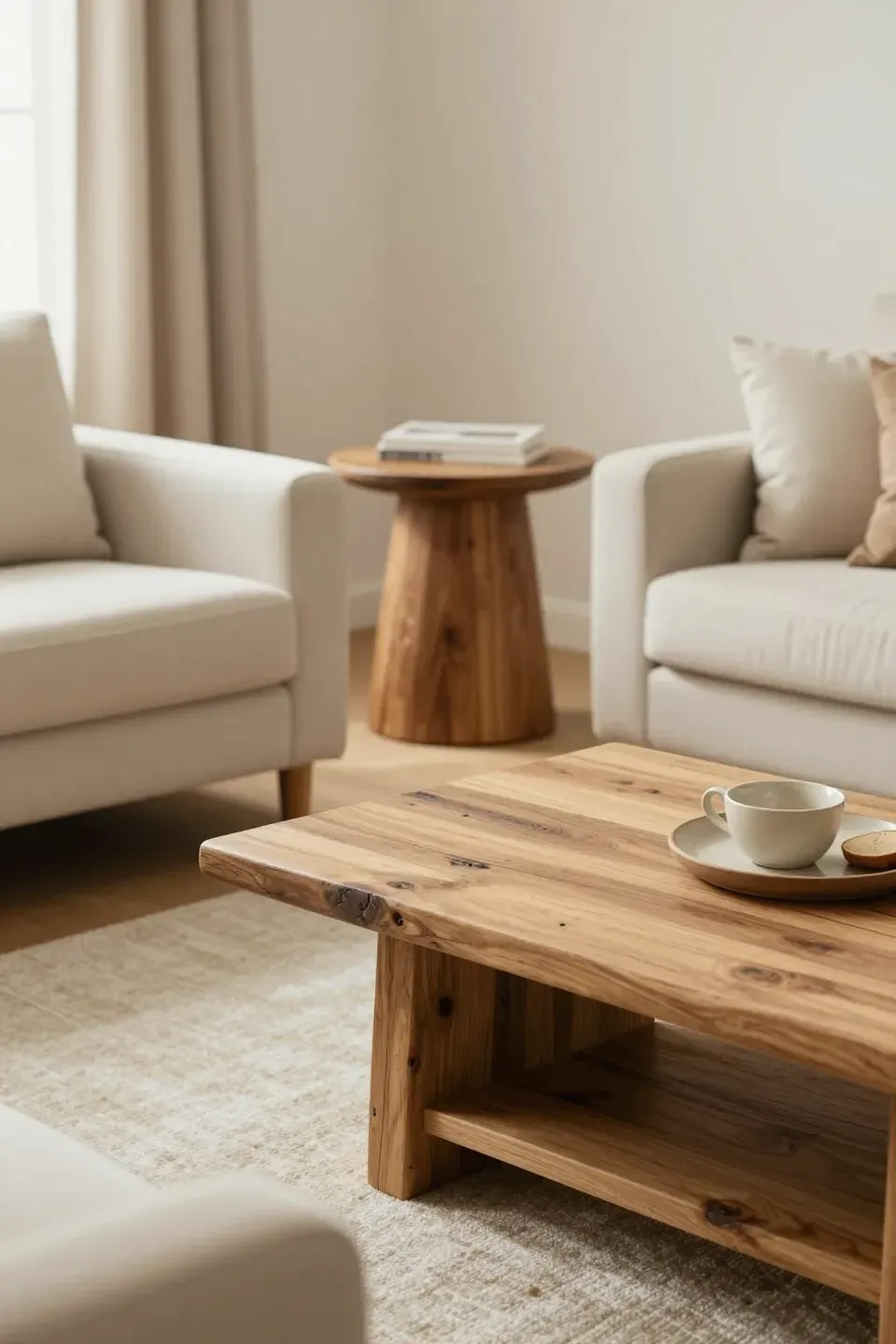 Neutral family room with warm wood accents and inviting decor.