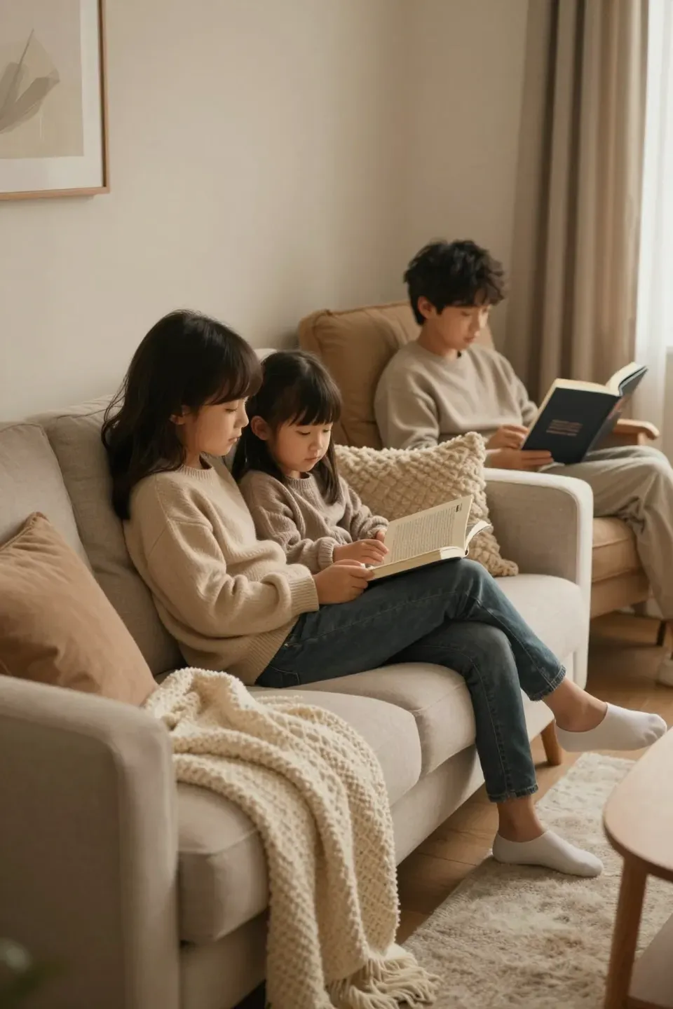 Cozy family room with plush seating and layered throws.