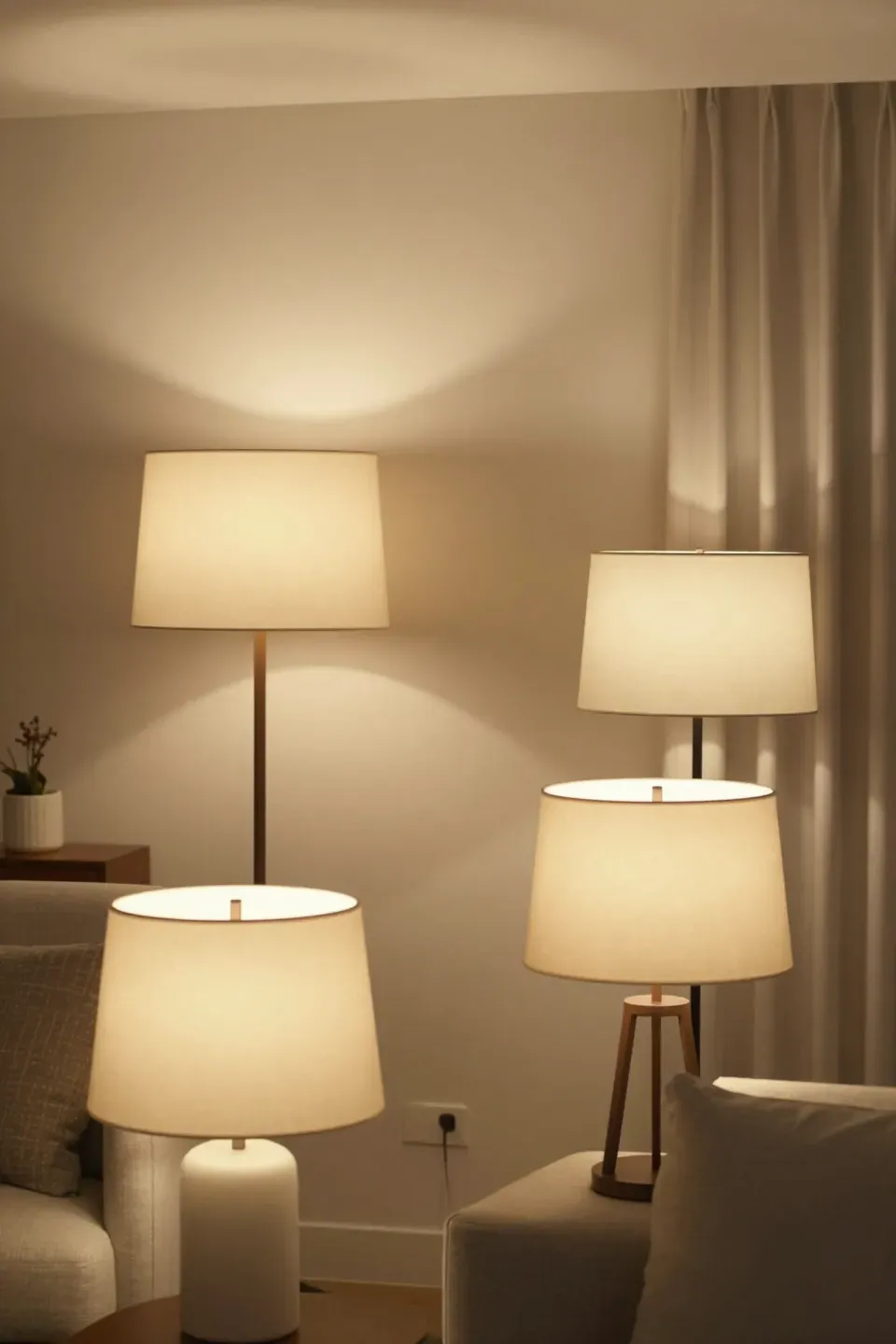 Warm lighting from beige lampshades in a cozy living room.