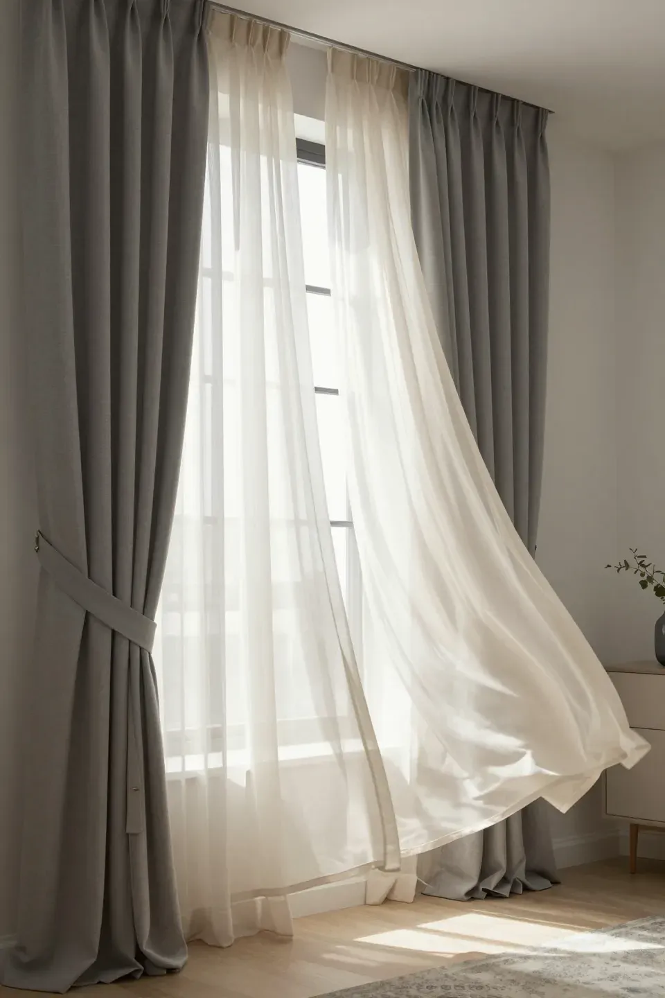 Elegant gray and beige curtains in a bright living room.