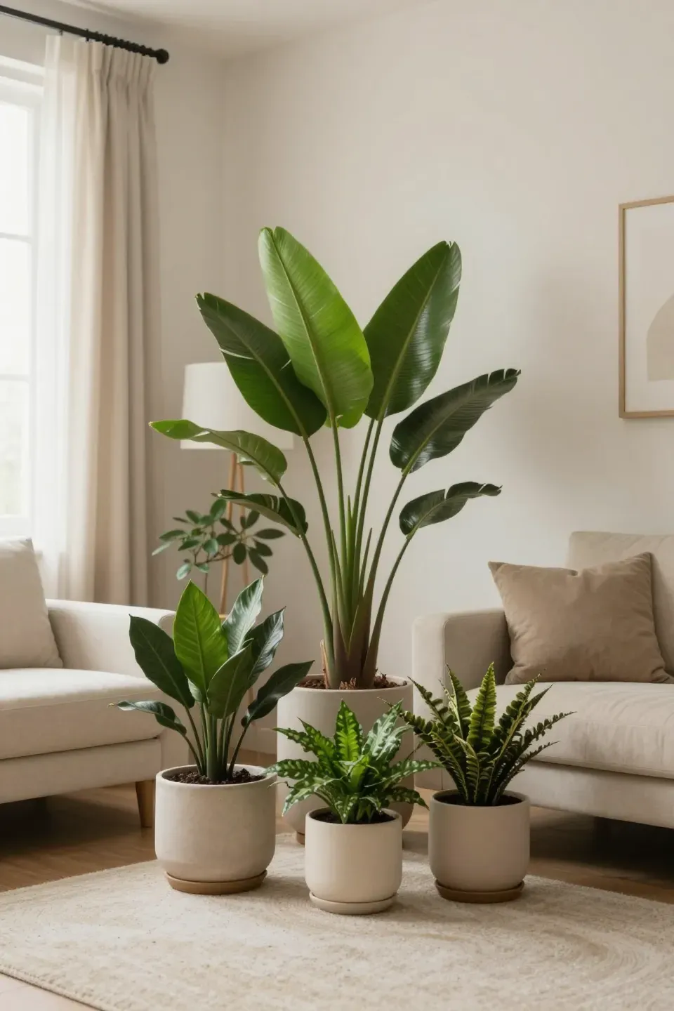Lush indoor plants adding vibrancy to a neutral living room.