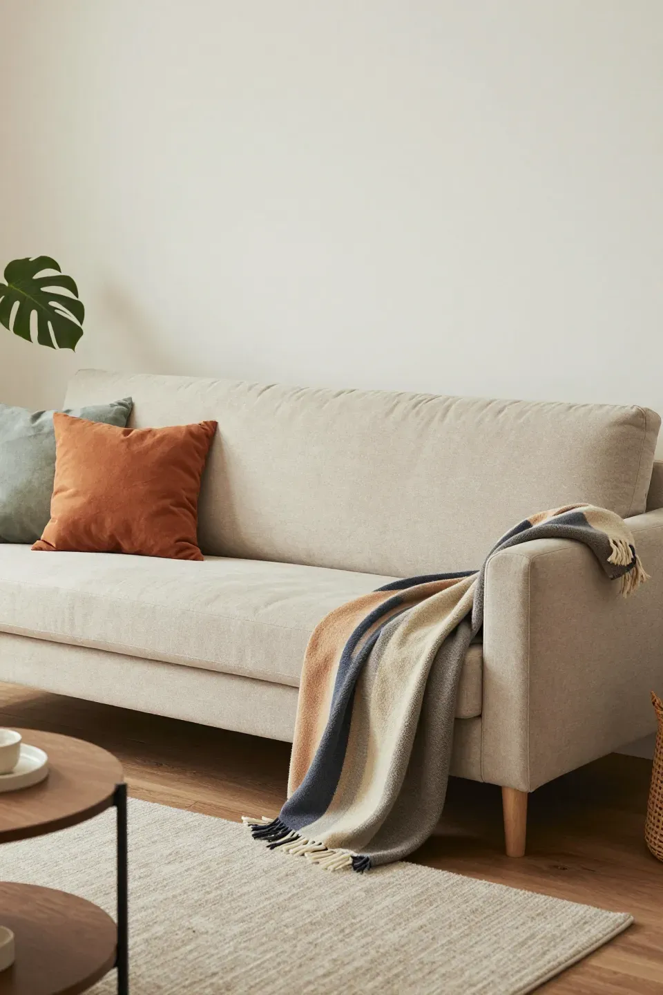 Beige sofa as a centerpiece adorned with colorful cushions.