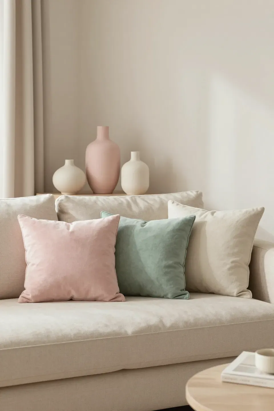 Soft pastel accents in a beige and cream living room.