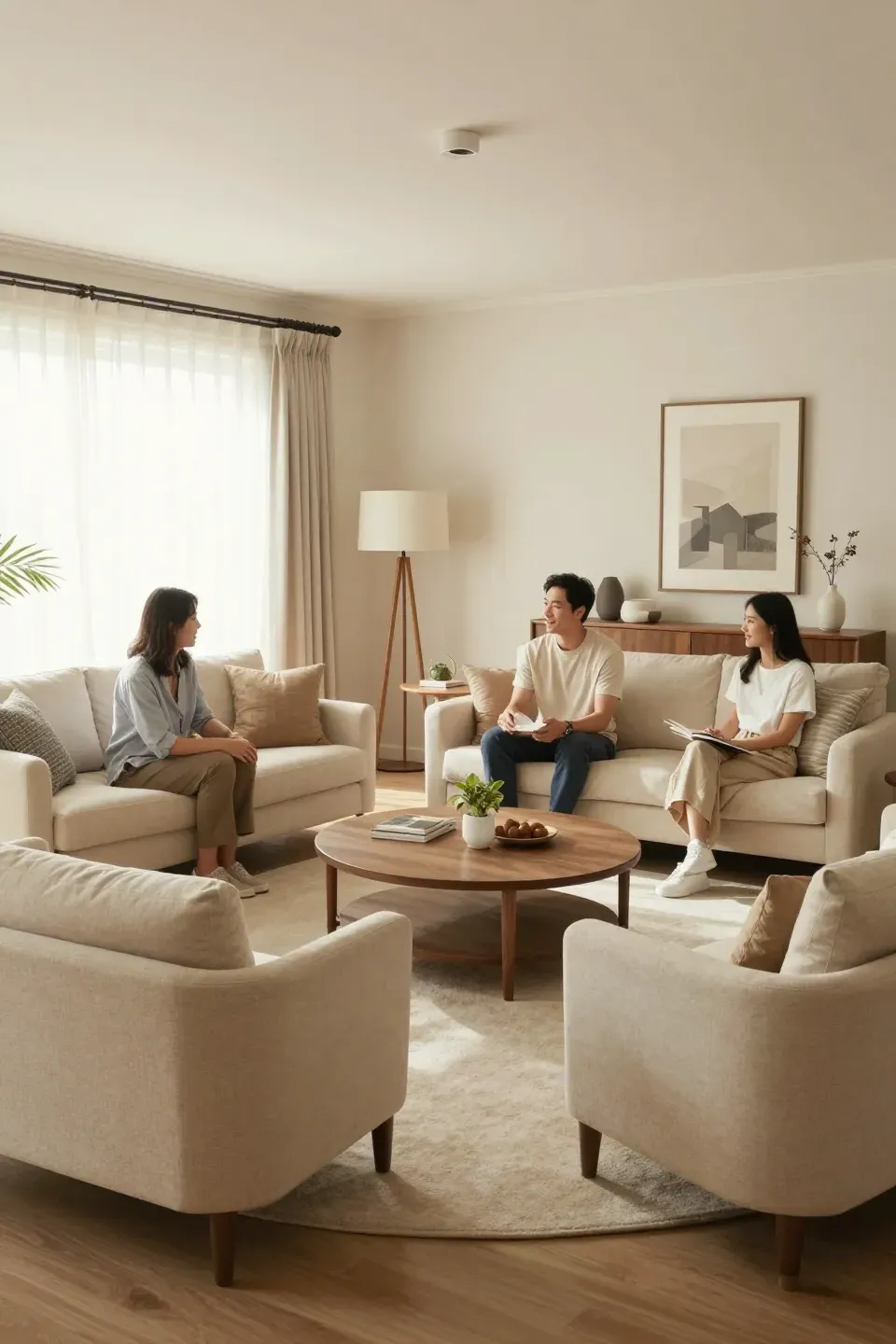 Open flow living room layout with inviting seating arrangement.